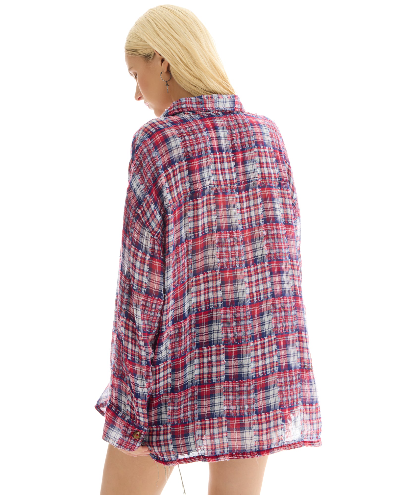 Red Frayed Patchwork Check Shirt