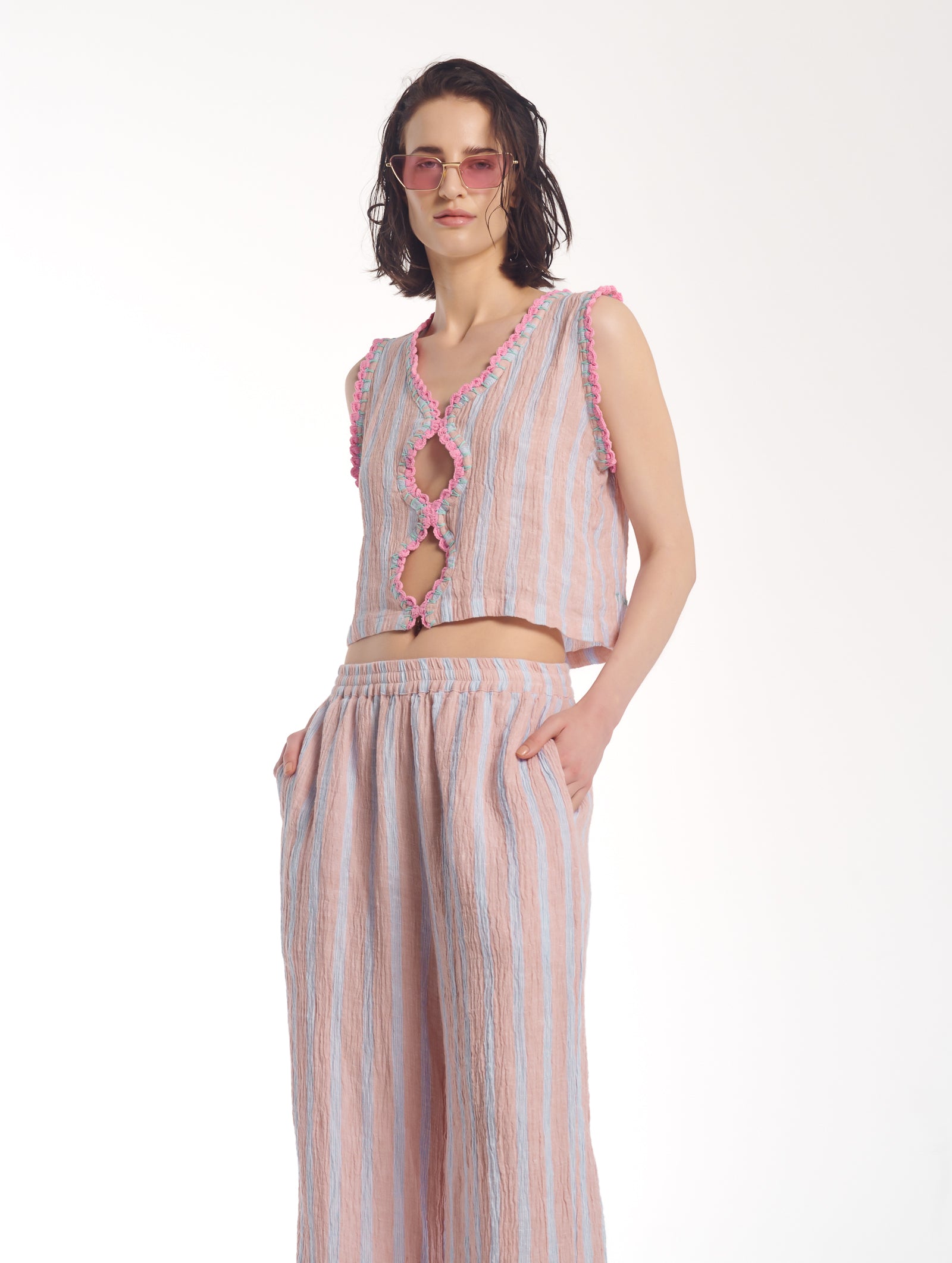 Hand Crochet Trimmed Stripe Linen Pants