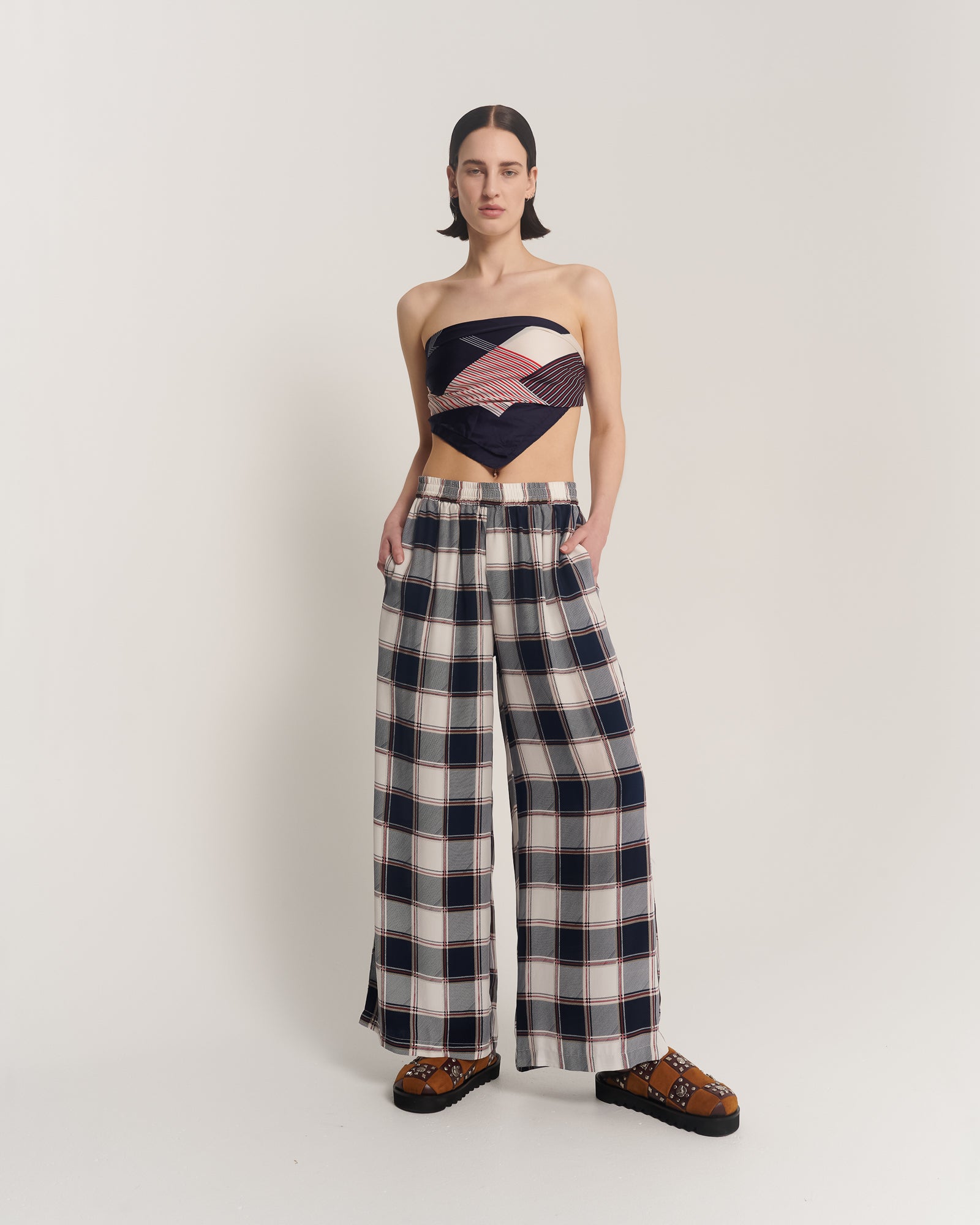 Silk Check Wide Leg Pants