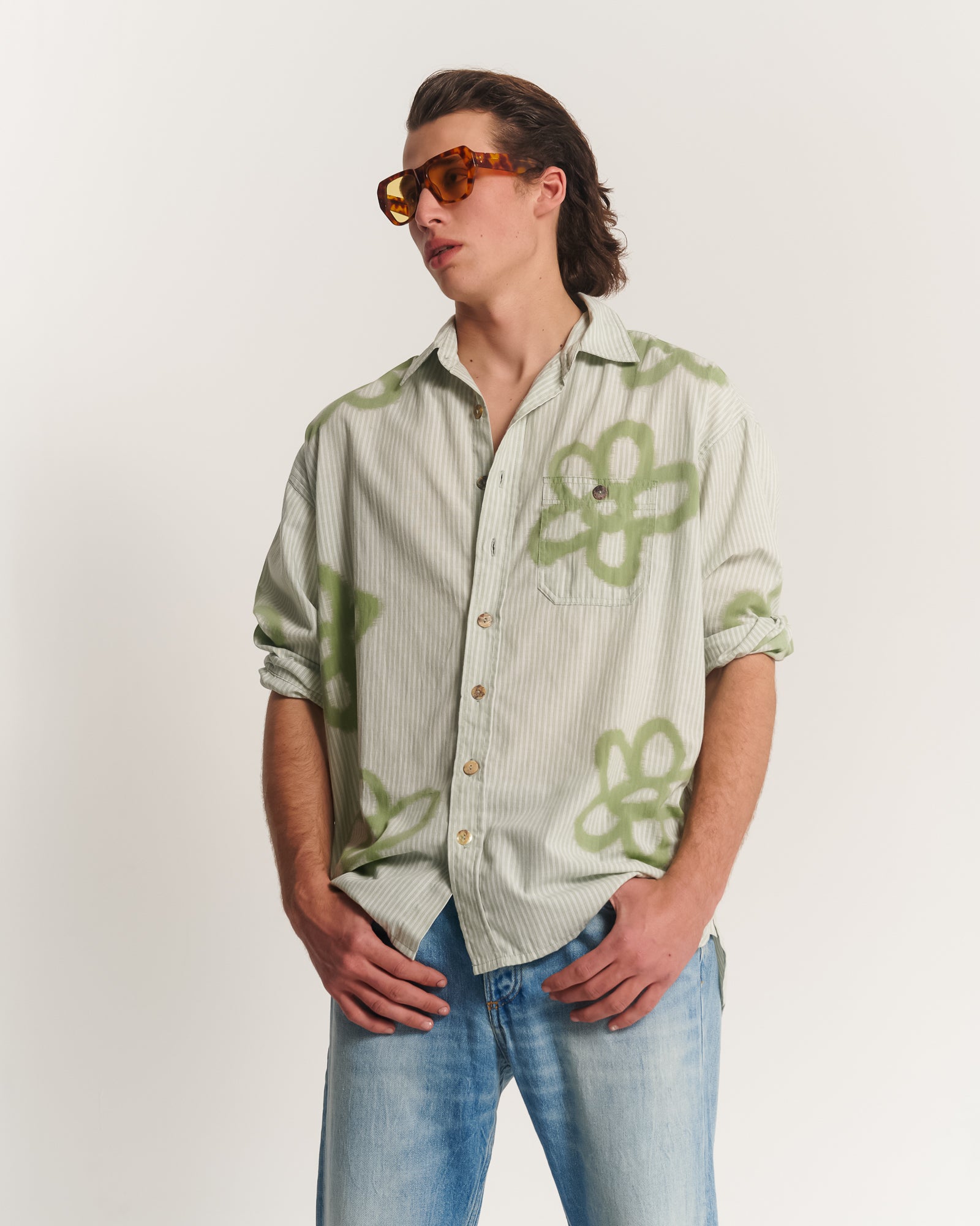 Hand Sprayed Flower Cotton Oversized Stripe Shirt