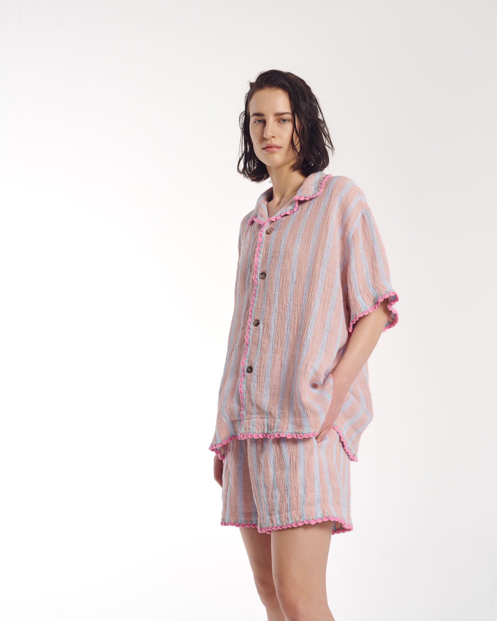 Hand Crochet Trimmed Stripe Linen Shirt