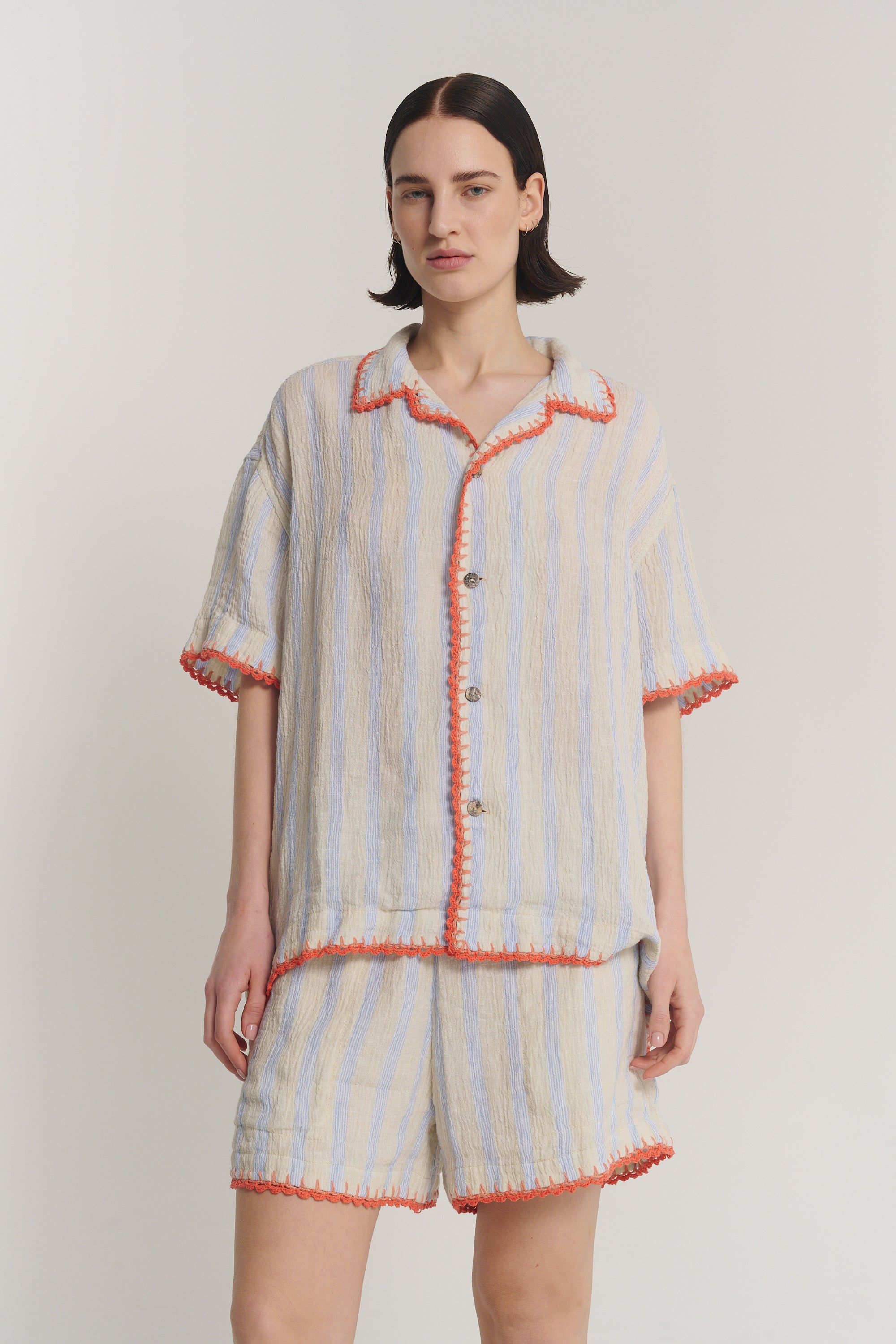 Hand Crochet Trimmed Stripe Linen Shirt