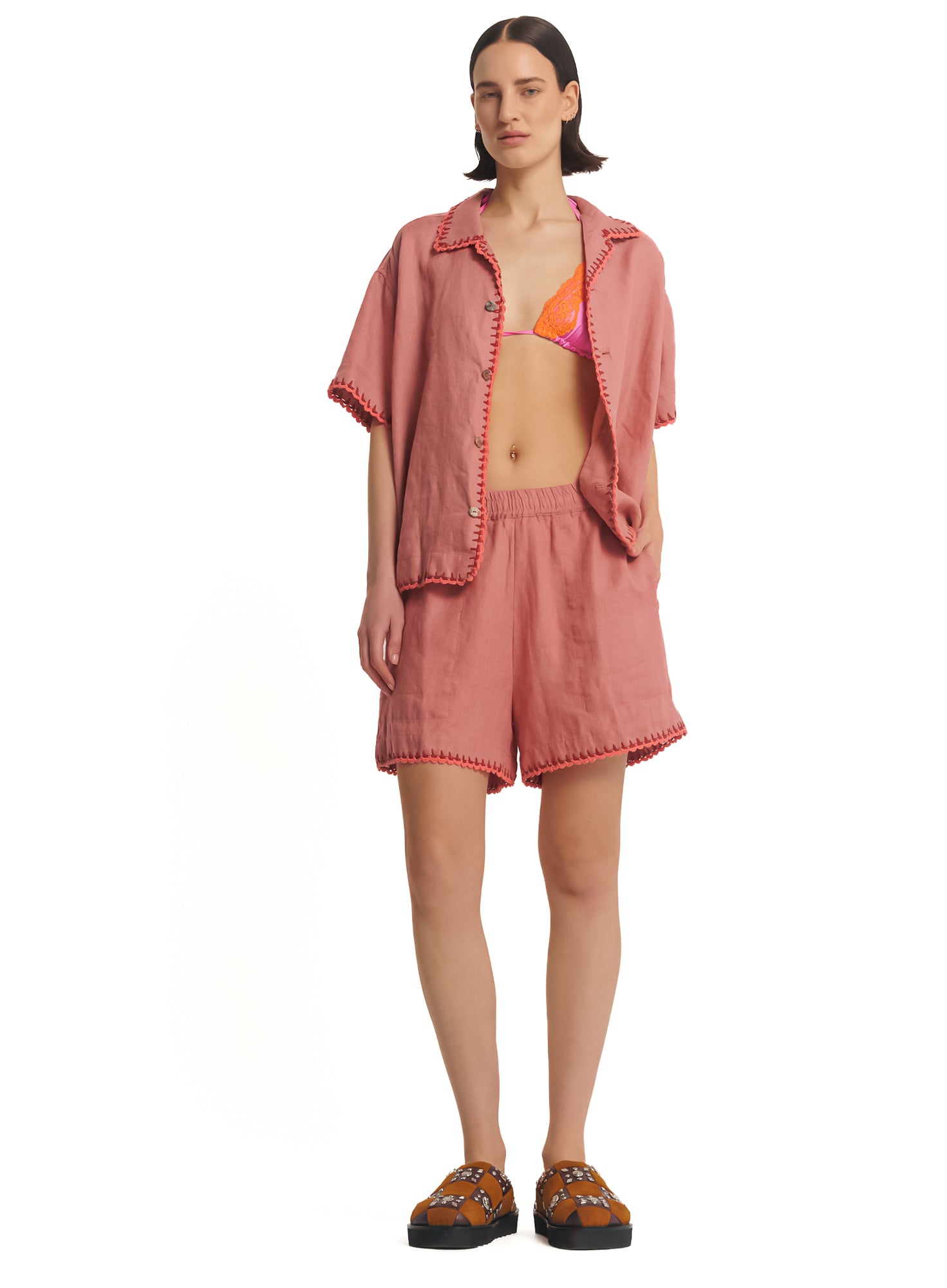 Hand Crochet Trimmed Linen Shorts