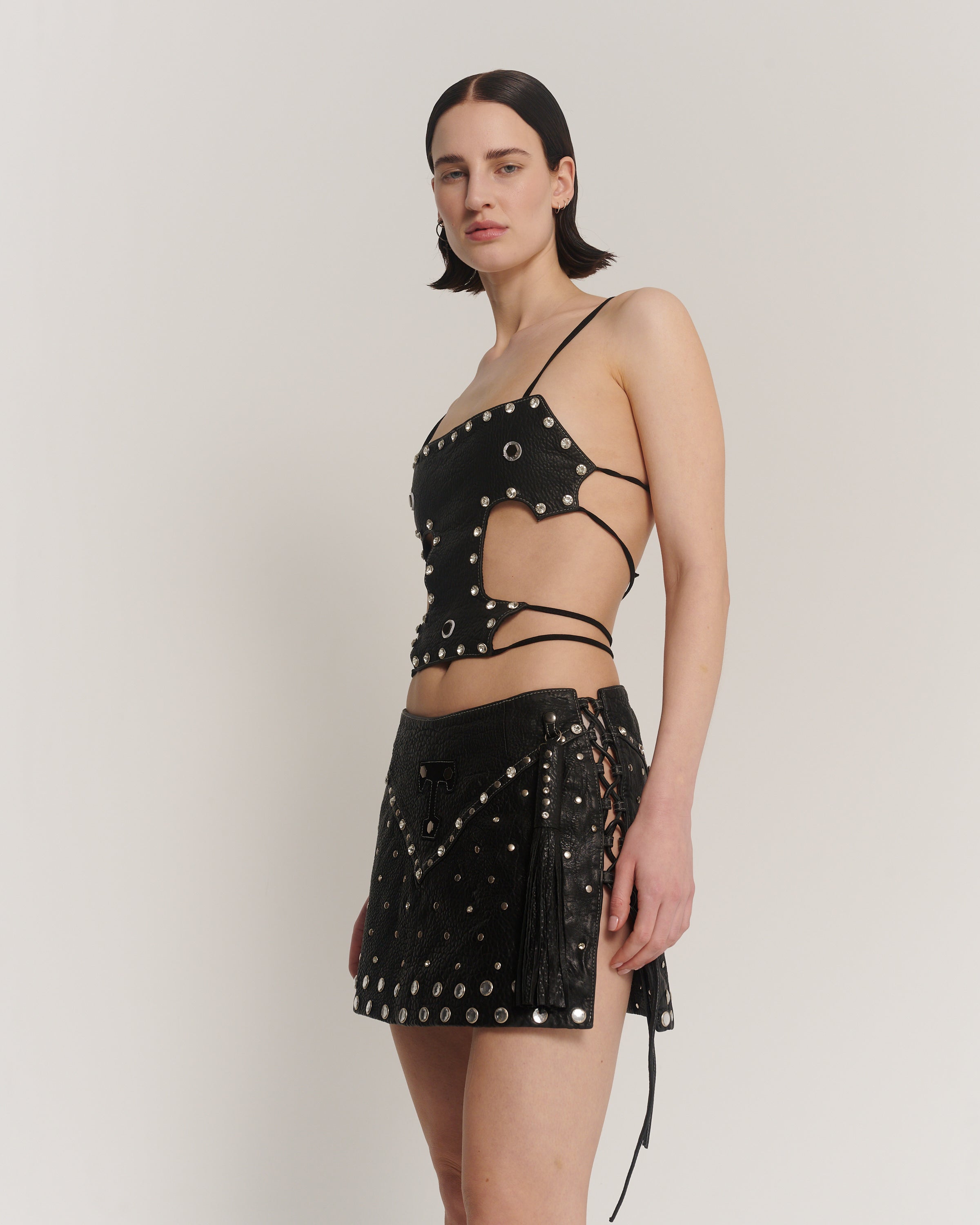 Heaven Sent Me Embellished Leather Whip Skirt