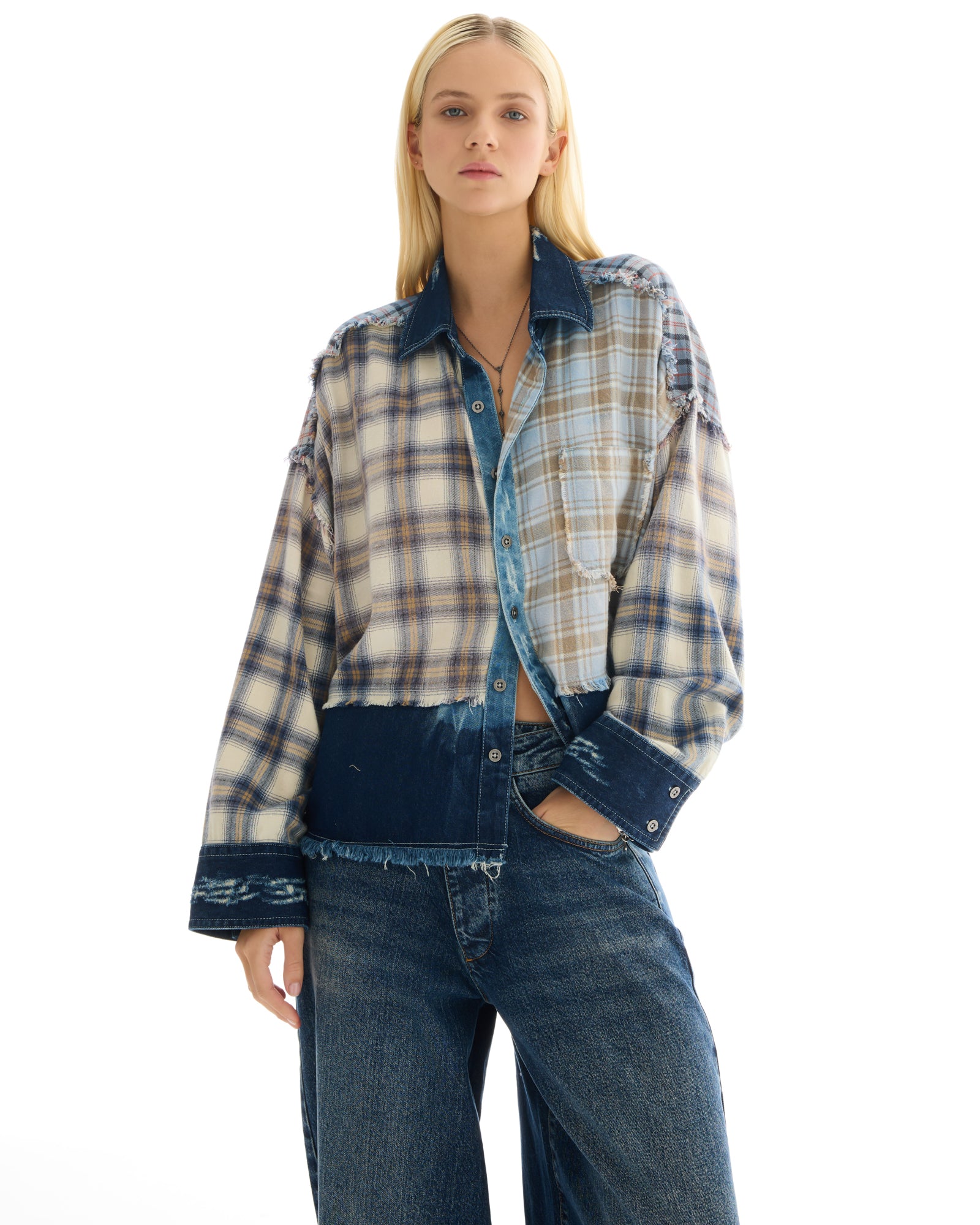 Mixed Flannel And Denim Shirt