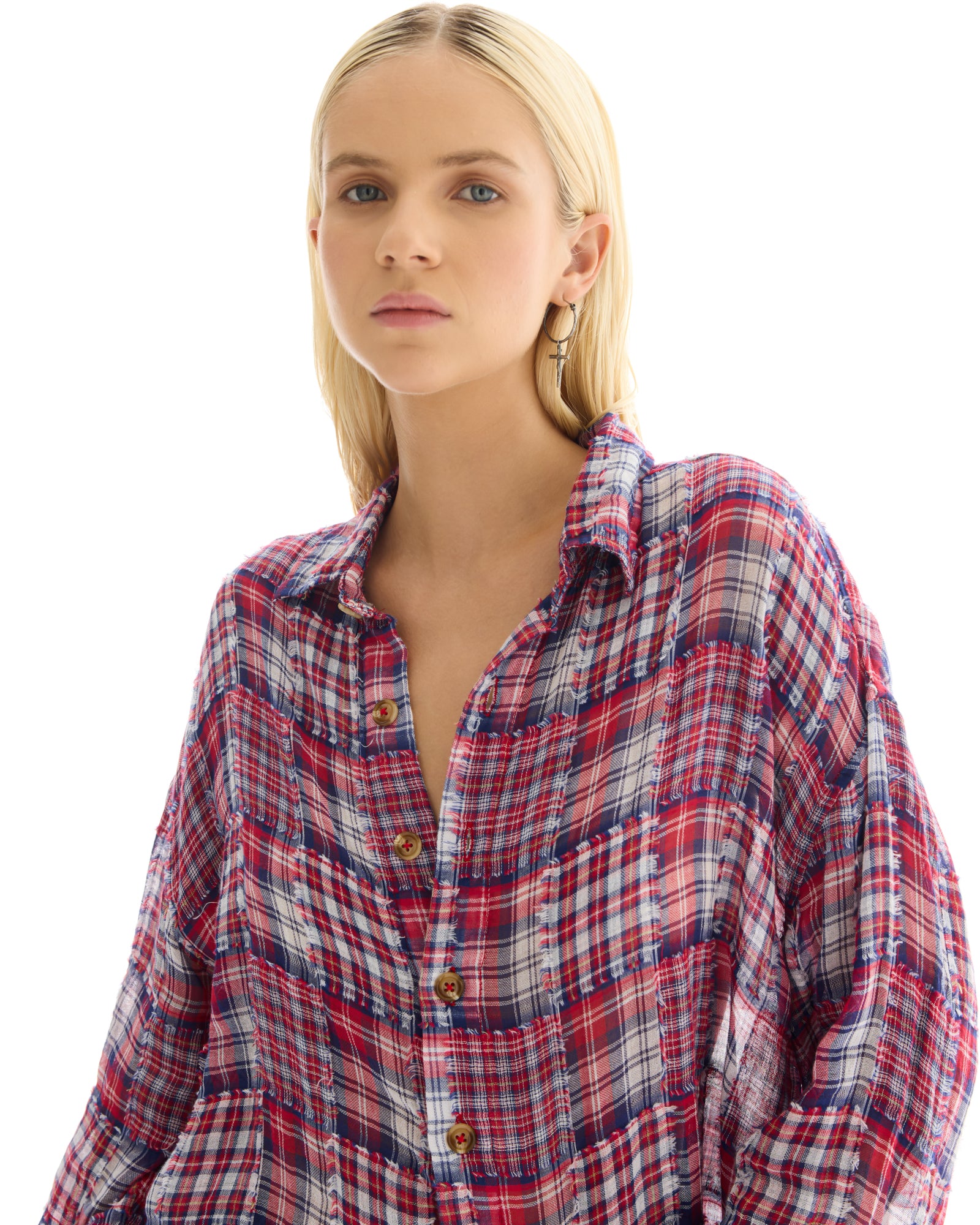 Red Frayed Patchwork Check Shirt