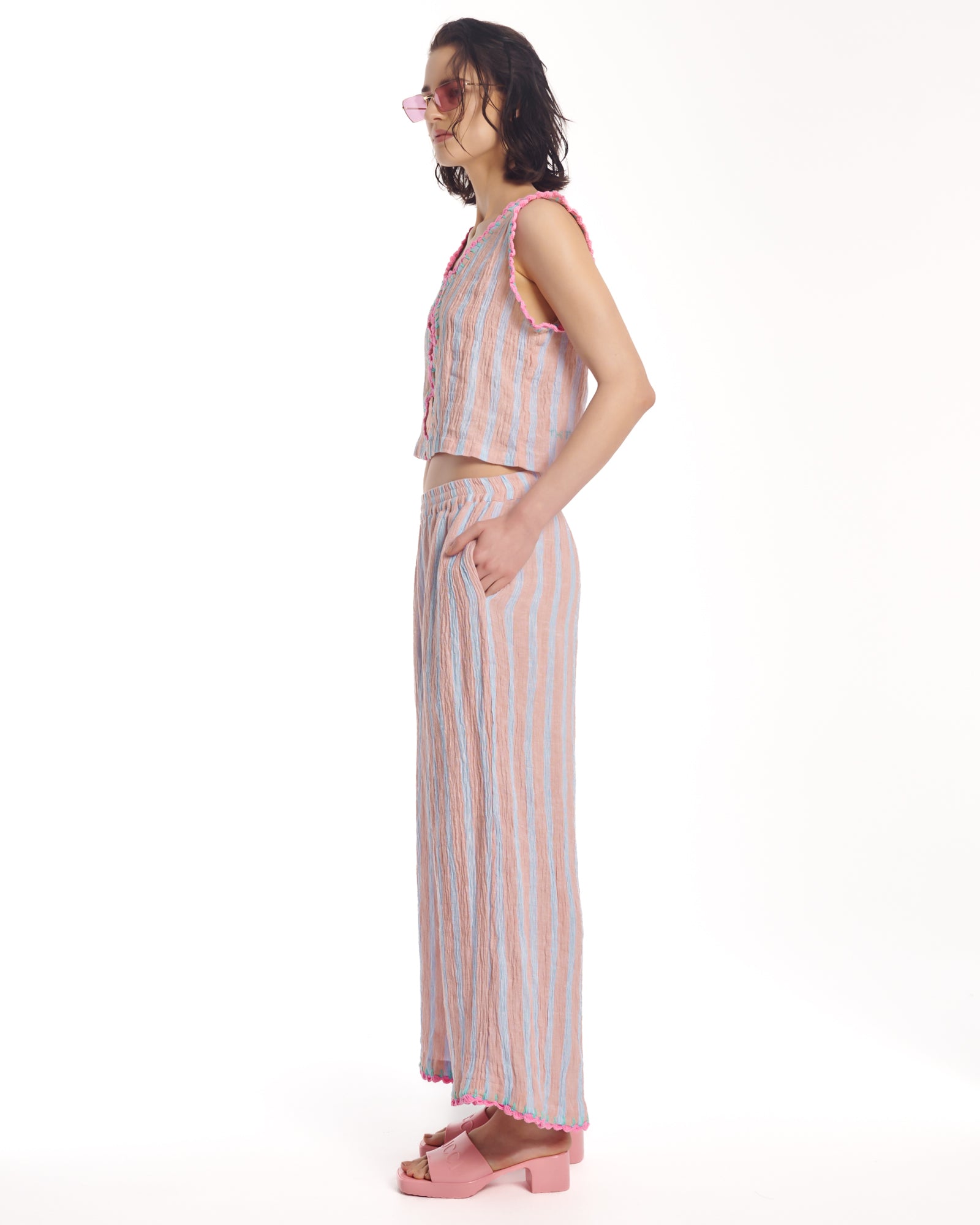 Hand Crochet Trimmed Stripe Linen Pants