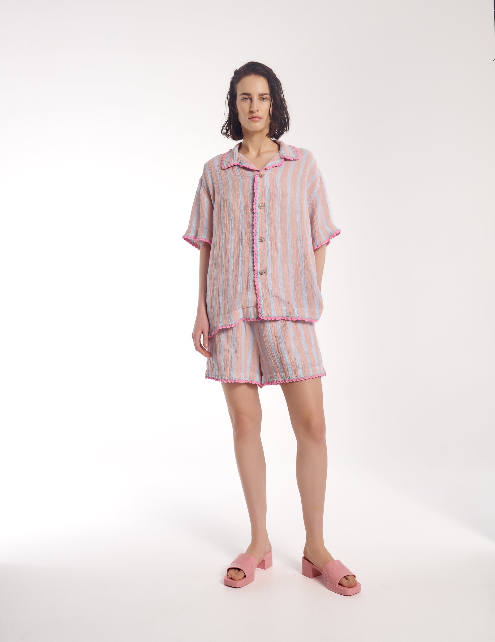 Hand Crochet Trimmed Stripe Linen Shirt