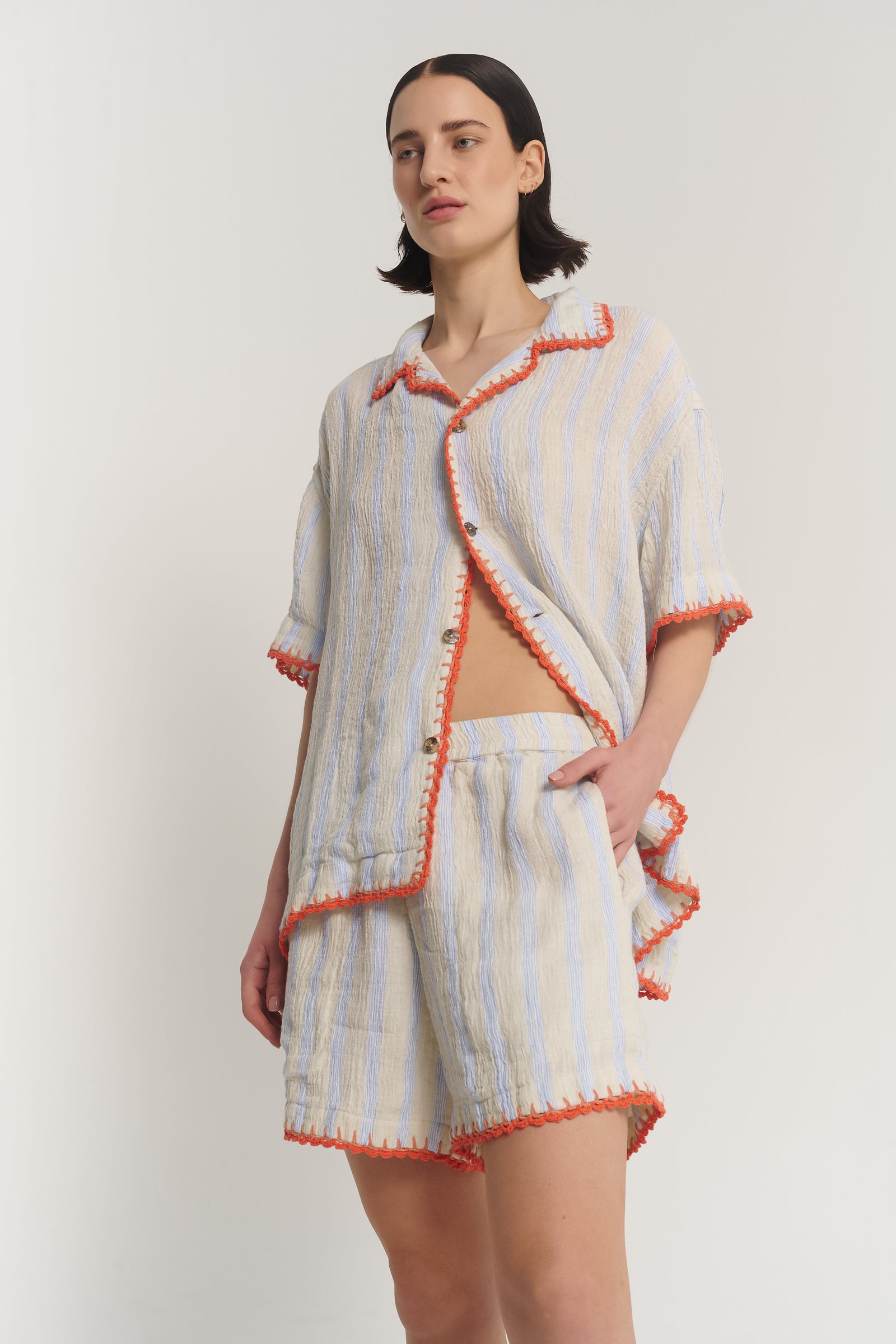 Hand Crochet Trimmed Stripe Linen Shirt