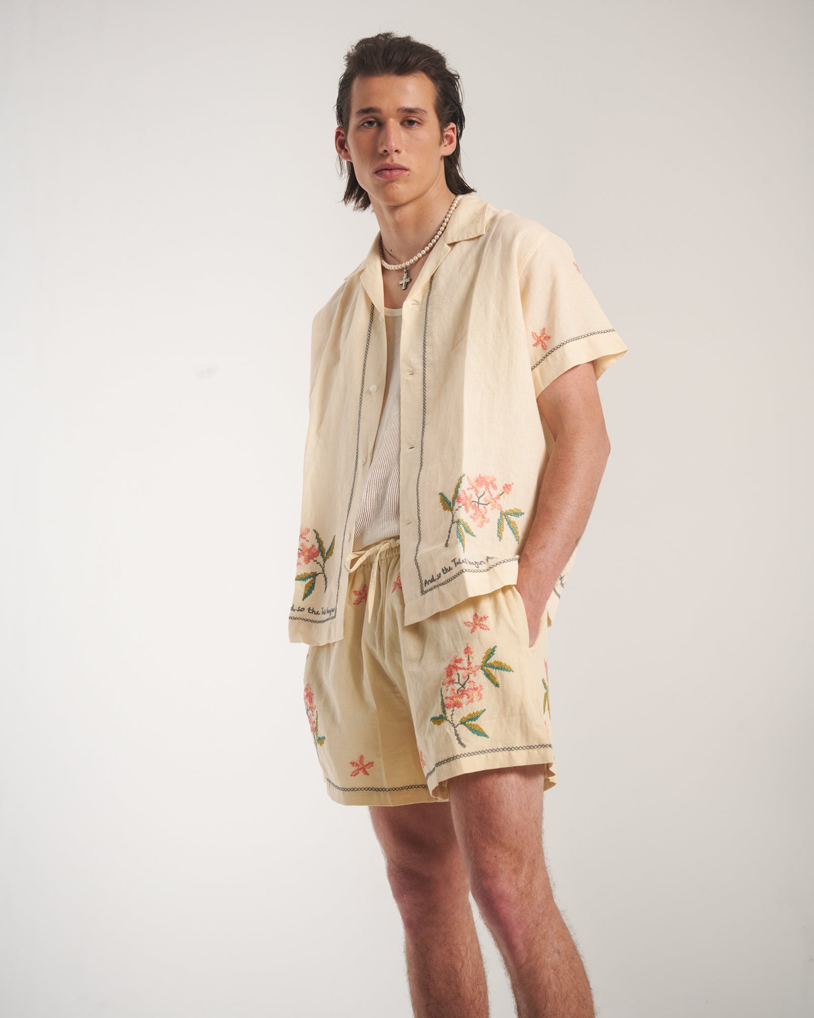 Cream Embroidered Flower Linen Shorts