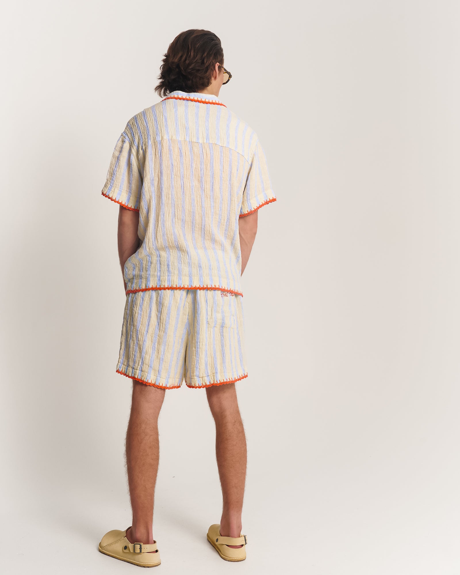 Hand Crochet Trimmed Stripe Linen Shorts