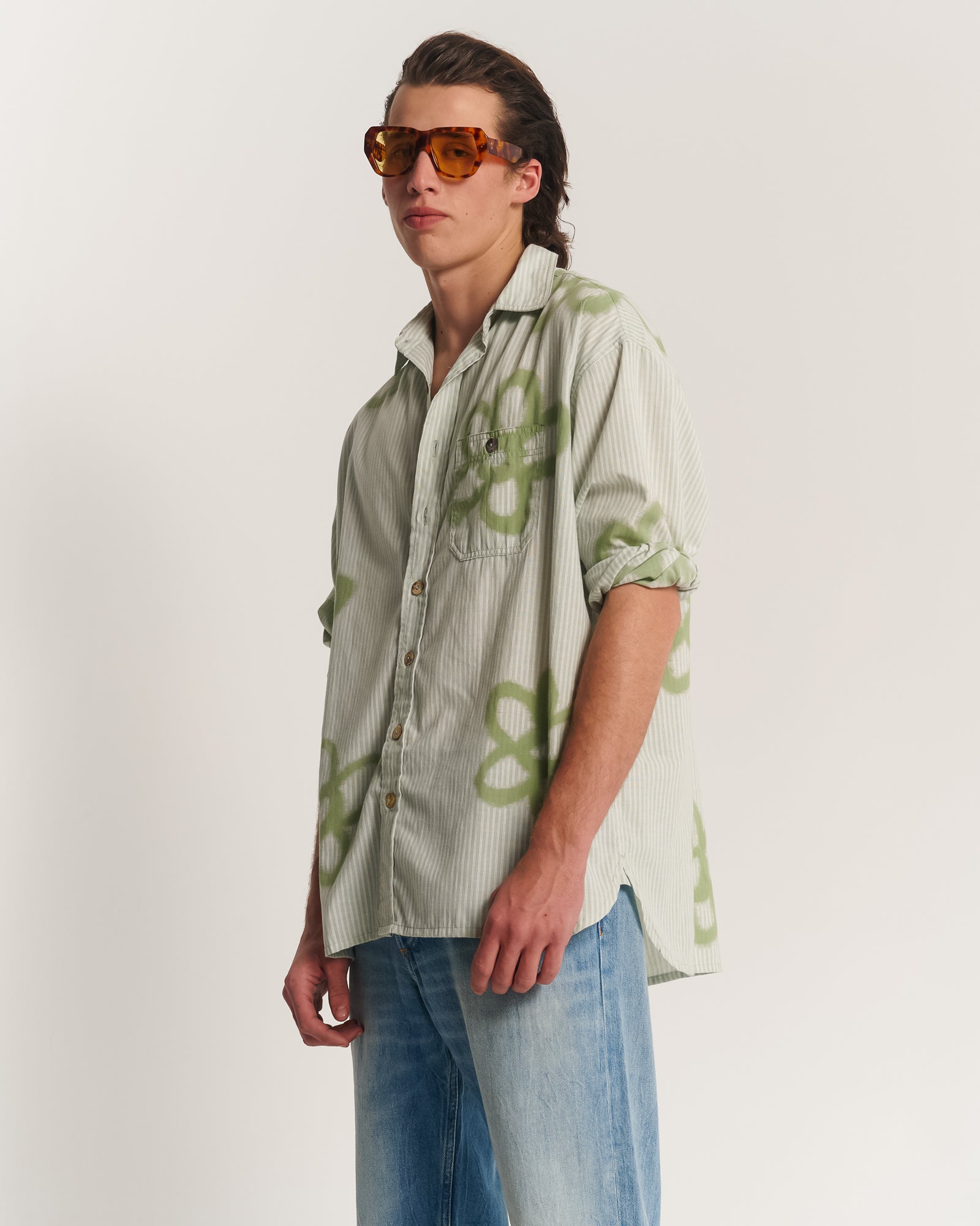 Hand Sprayed Flower Cotton Oversized Stripe Shirt