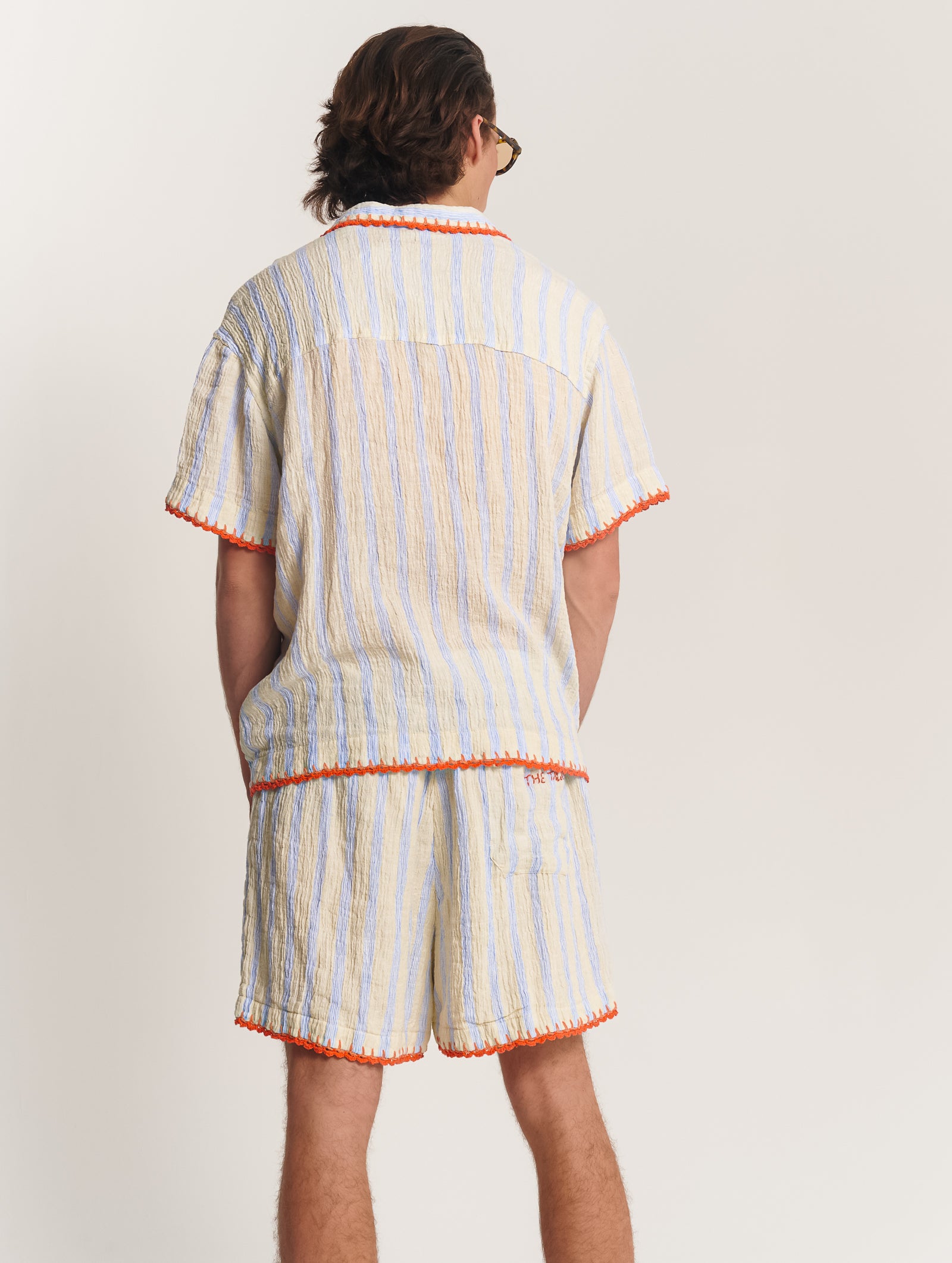 Hand Crochet Trimmed Stripe Linen Shorts