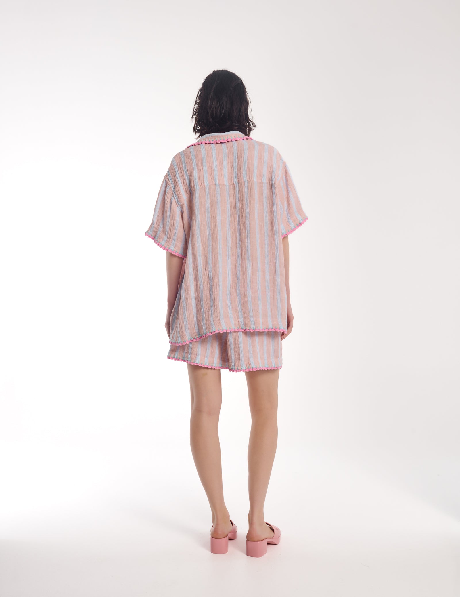 Hand Crochet Trimmed Stripe Linen Shirt