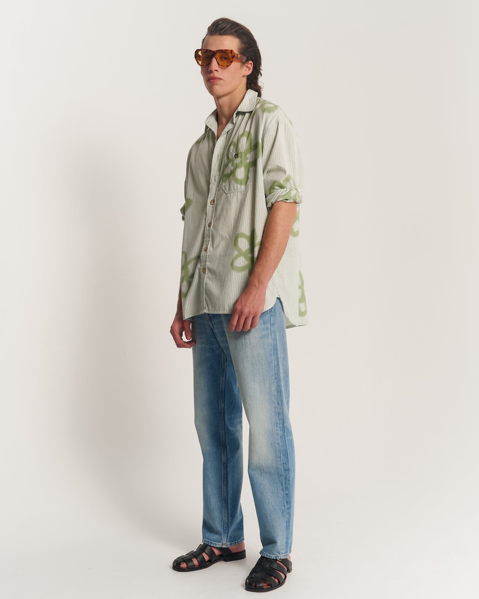 Hand Sprayed Flower Cotton Oversized Stripe Shirt