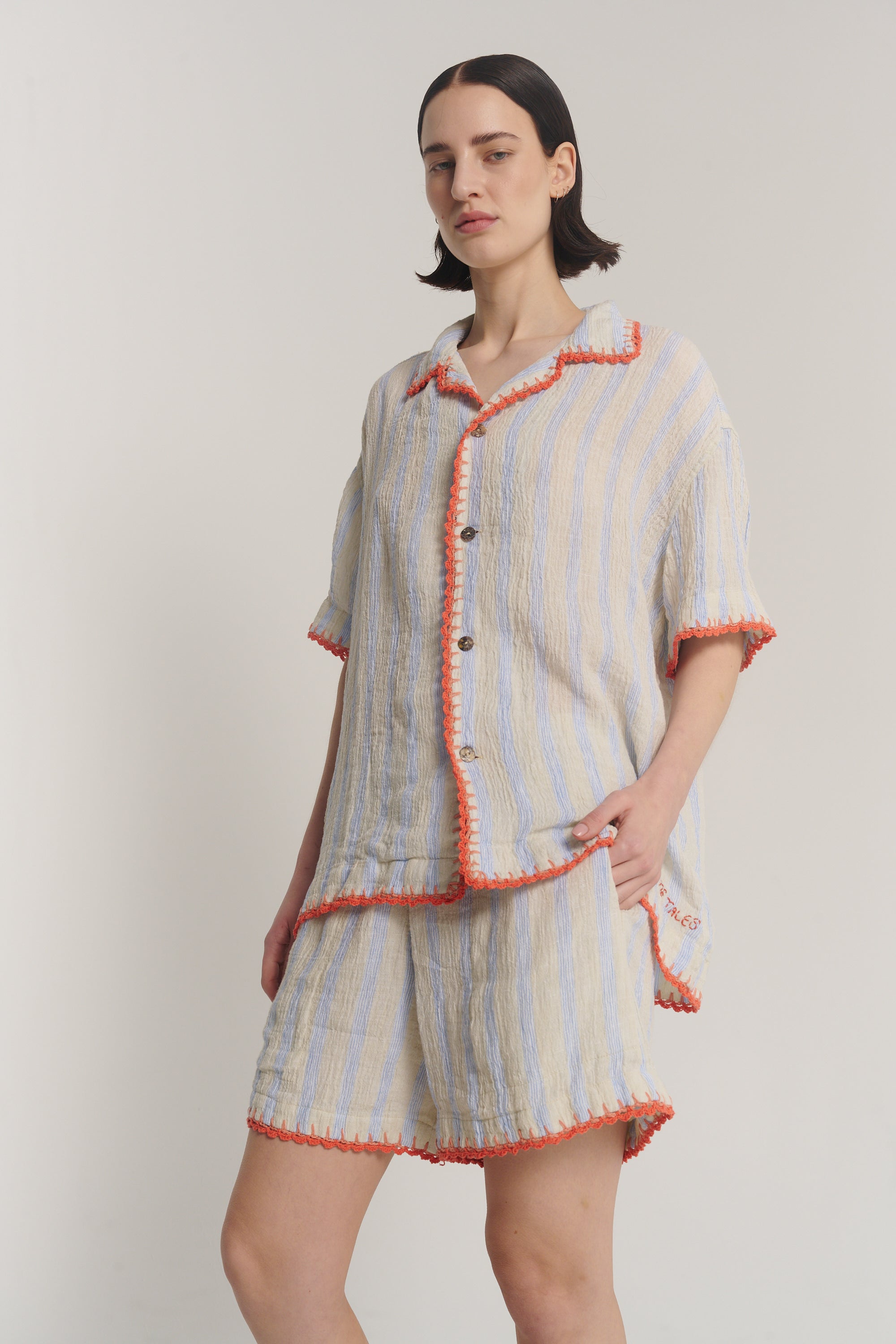 Hand Crochet Trimmed Stripe Linen Shirt