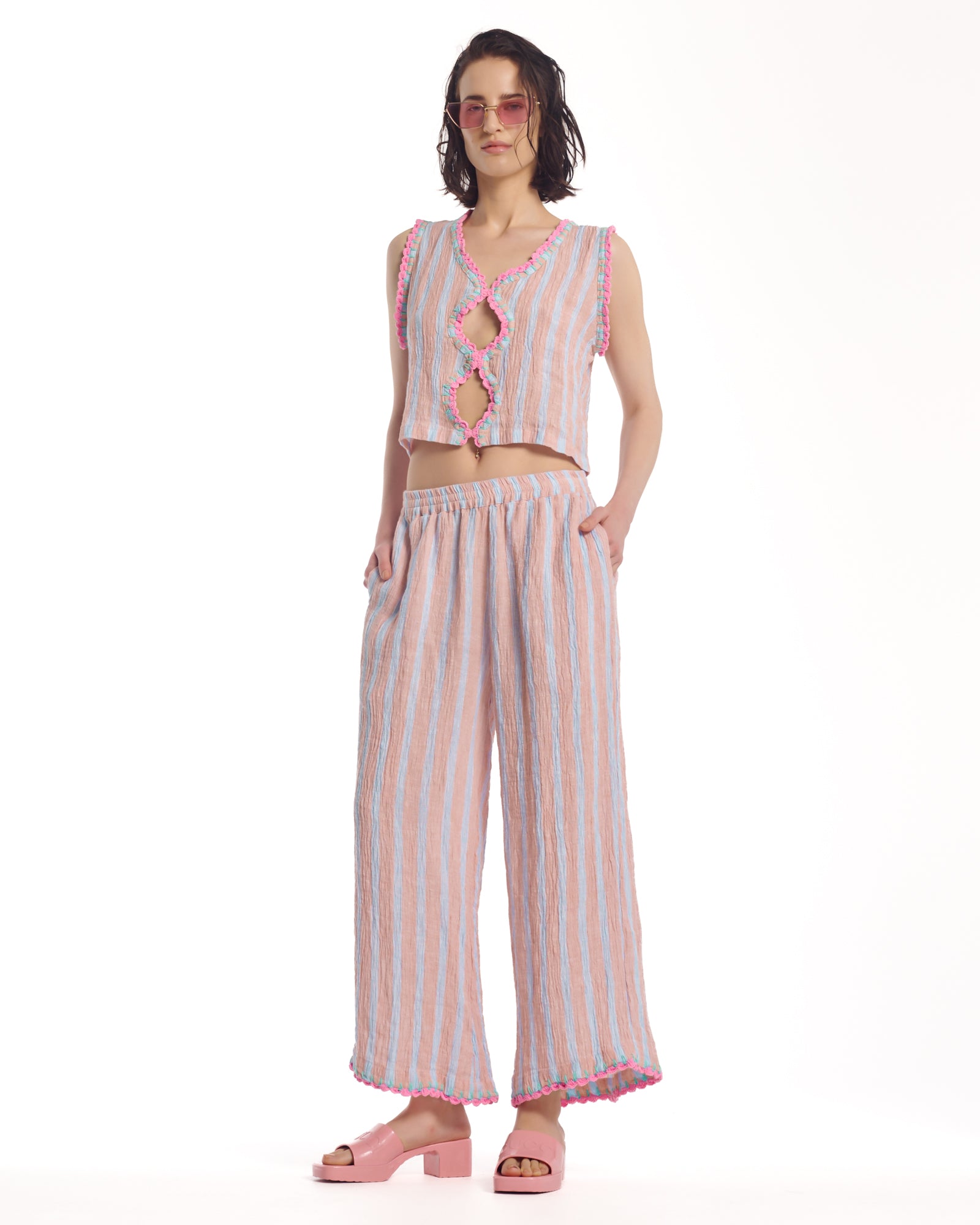 Hand Crochet Trimmed Stripe Linen Pants