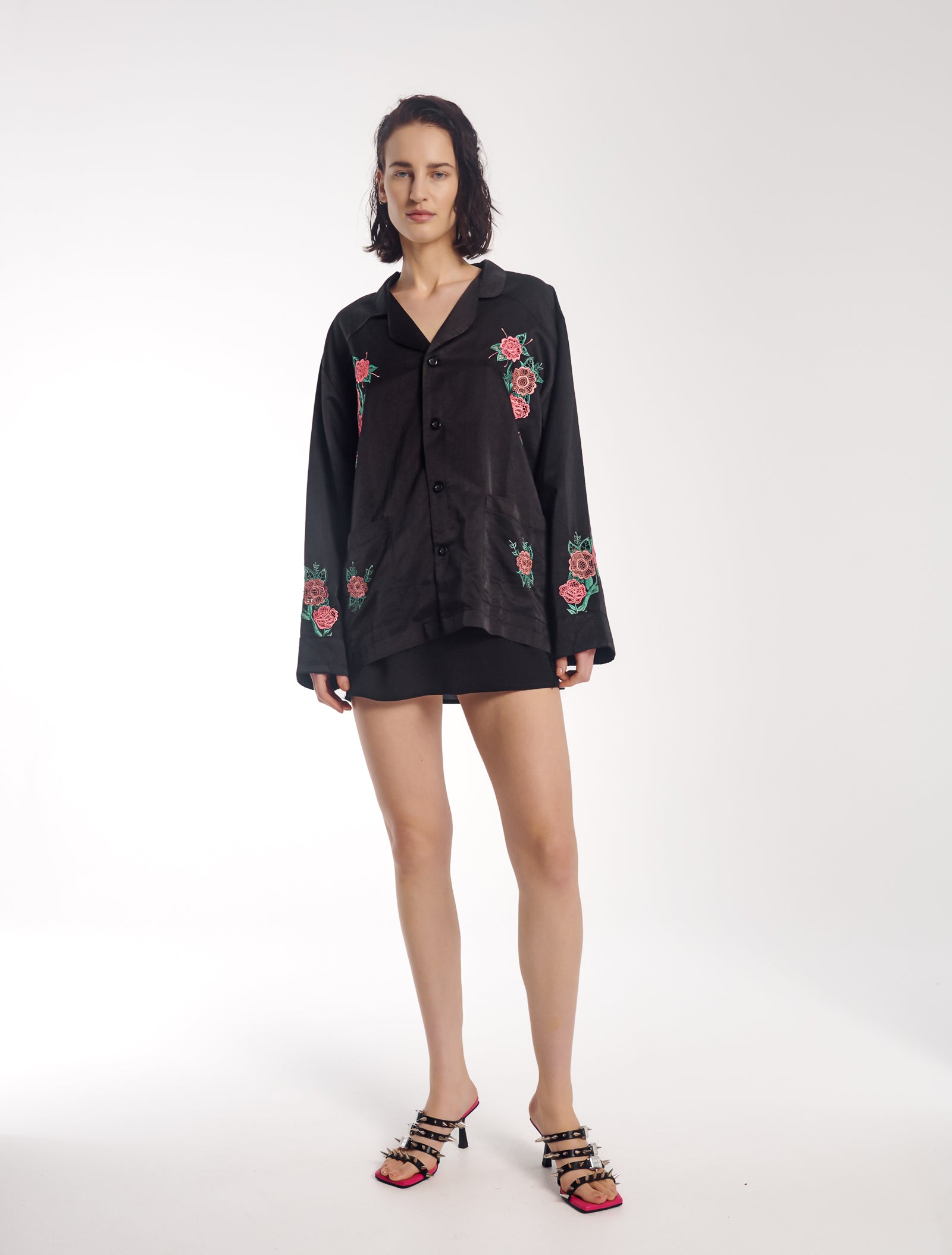 Rose Garden Satin Embroidered Peasant Shirt