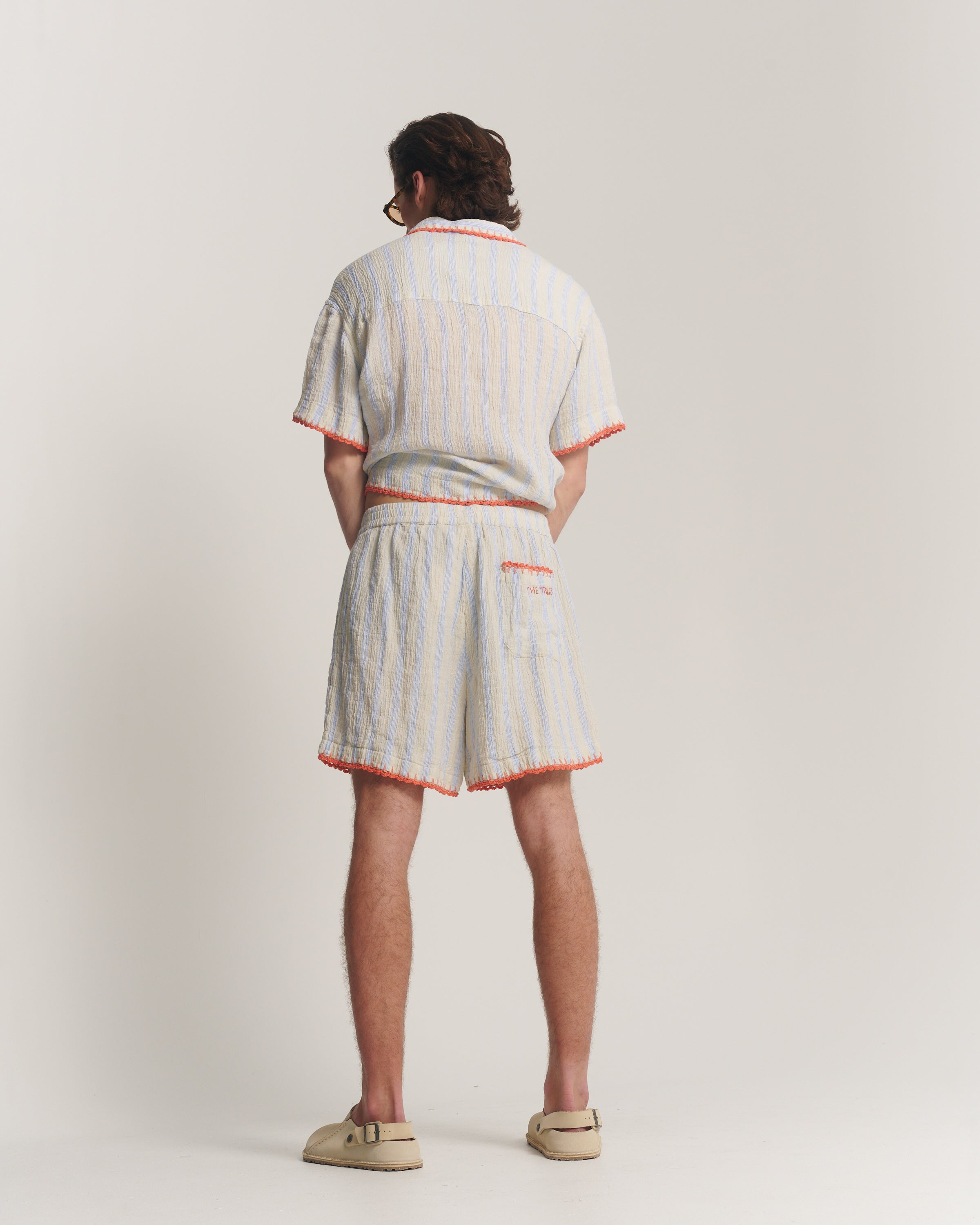 Hand Crochet Trimmed Stripe Linen Shorts