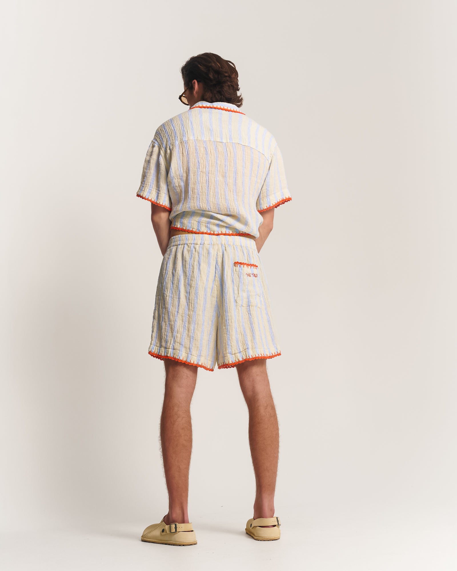 Hand Crochet Trimmed Stripe Linen Shorts