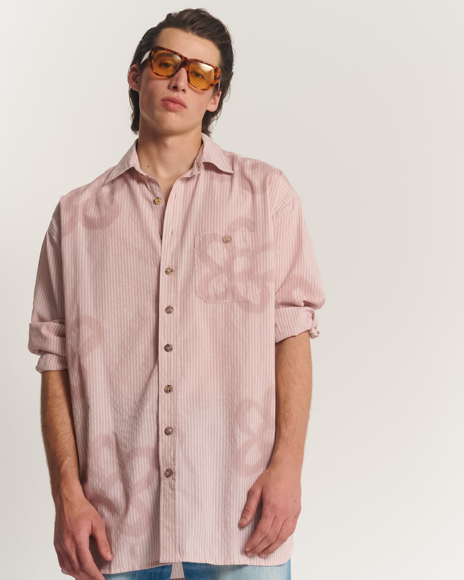 Hand Sprayed Flower Cotton Oversized Stripe Shirt