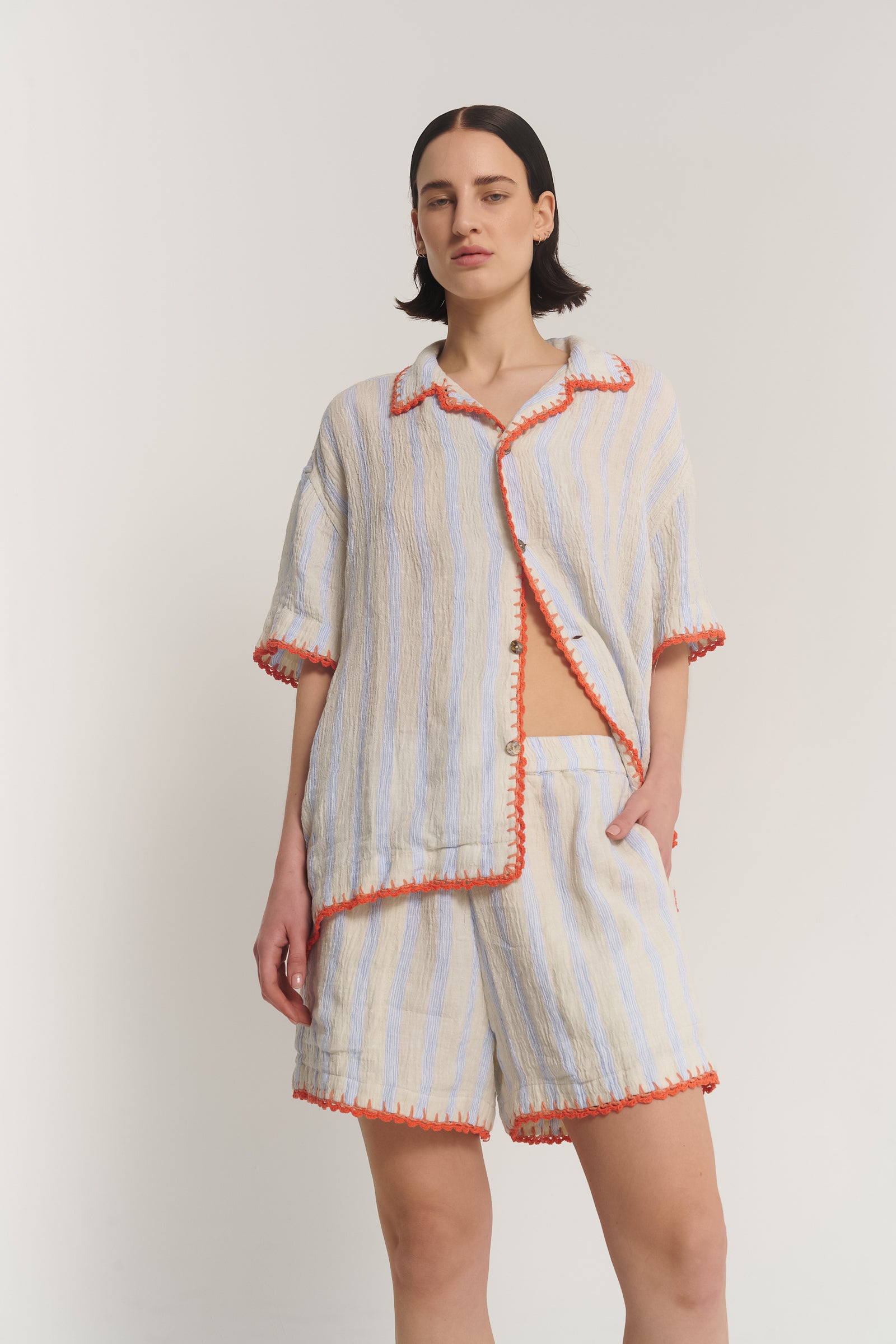 Hand Crochet Trimmed Stripe Linen Shirt