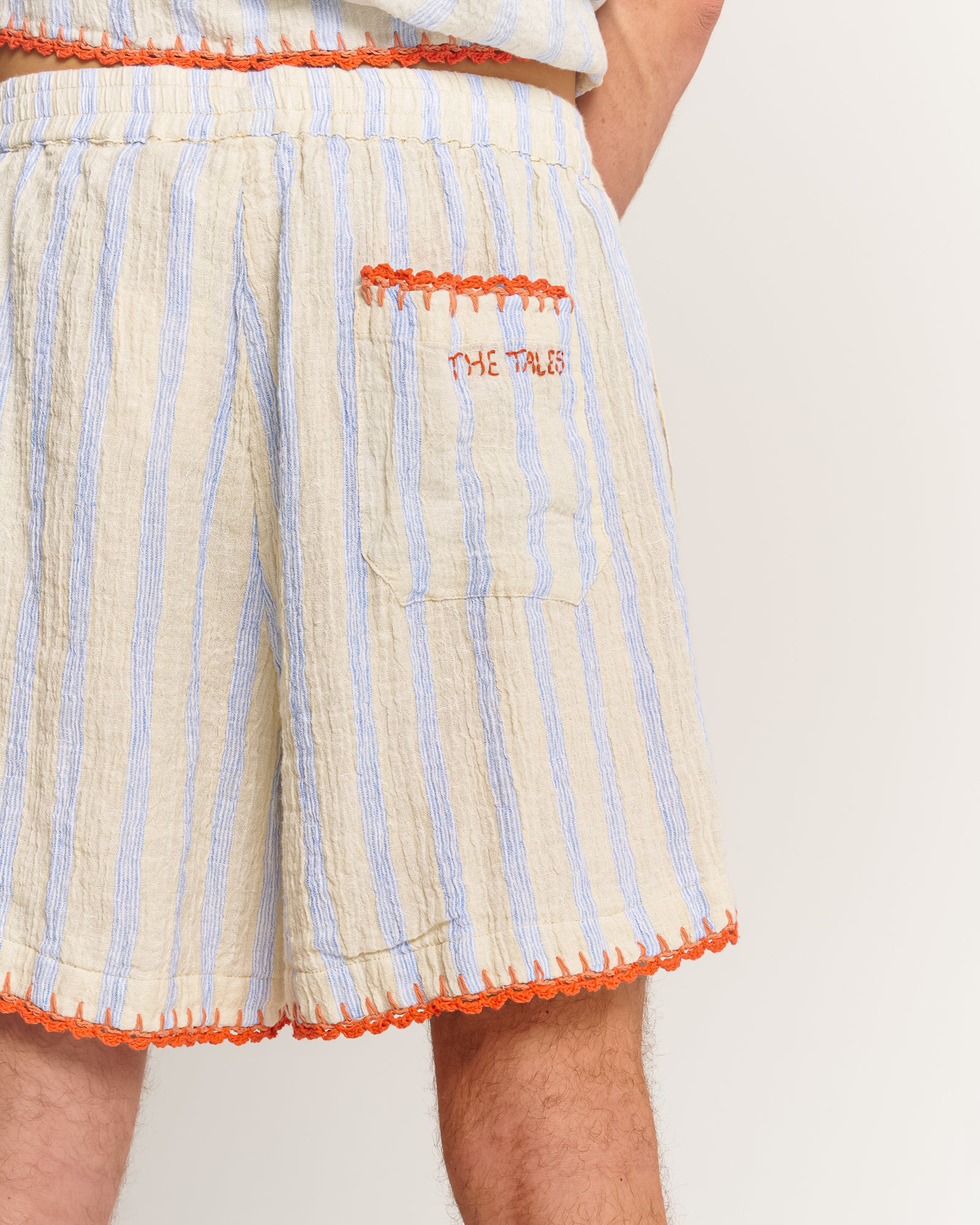 Hand Crochet Trimmed Stripe Linen Shorts