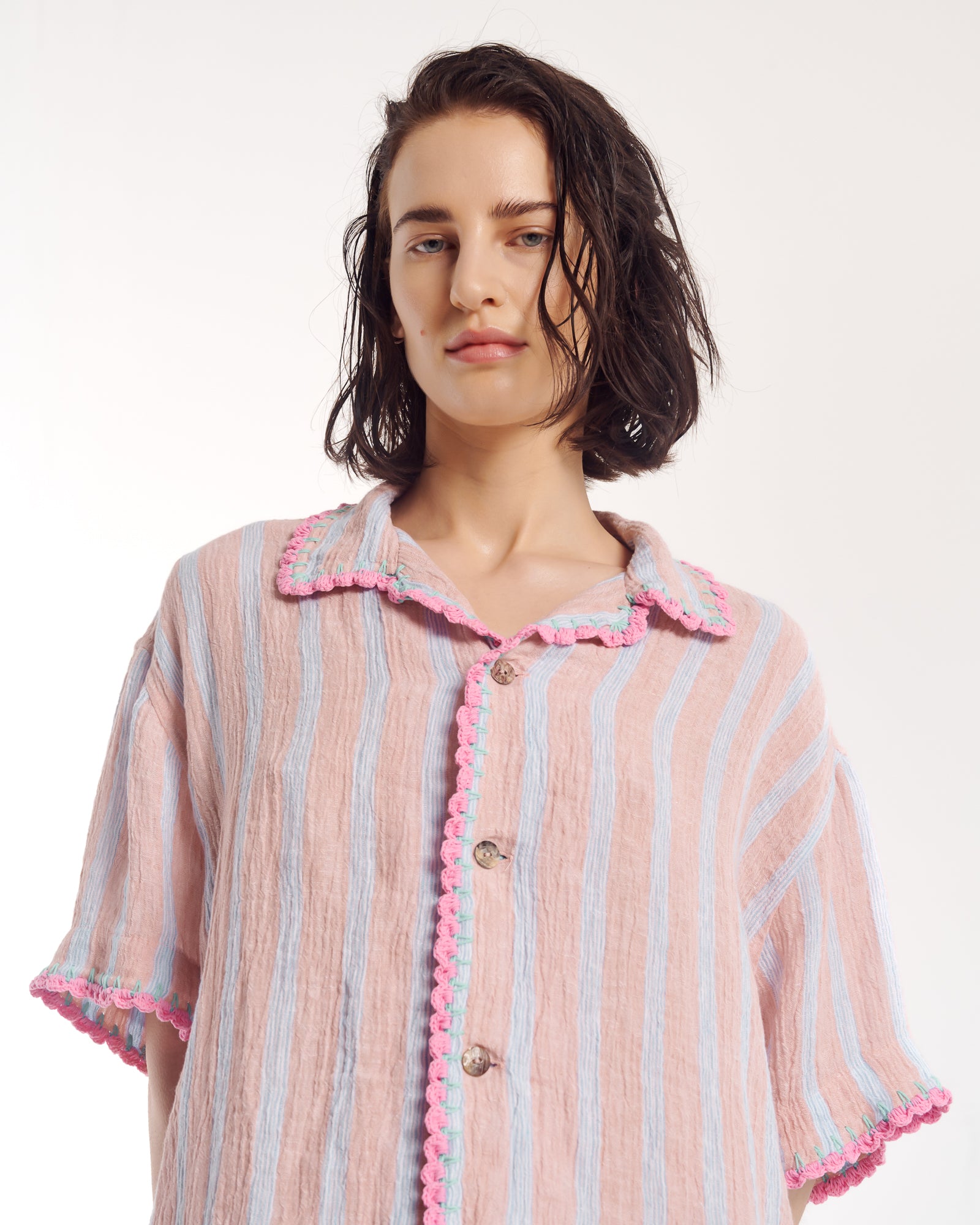 Hand Crochet Trimmed Stripe Linen Shirt