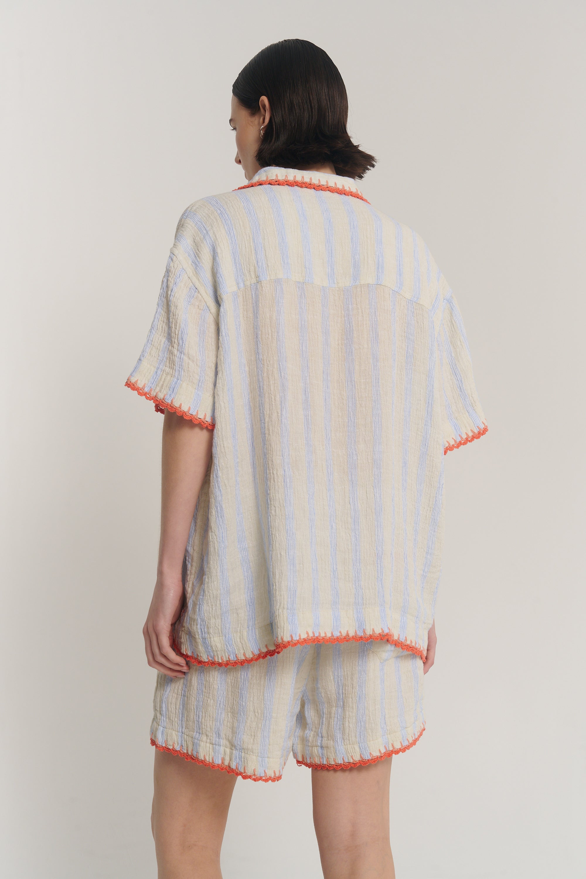 Hand Crochet Trimmed Stripe Linen Shirt