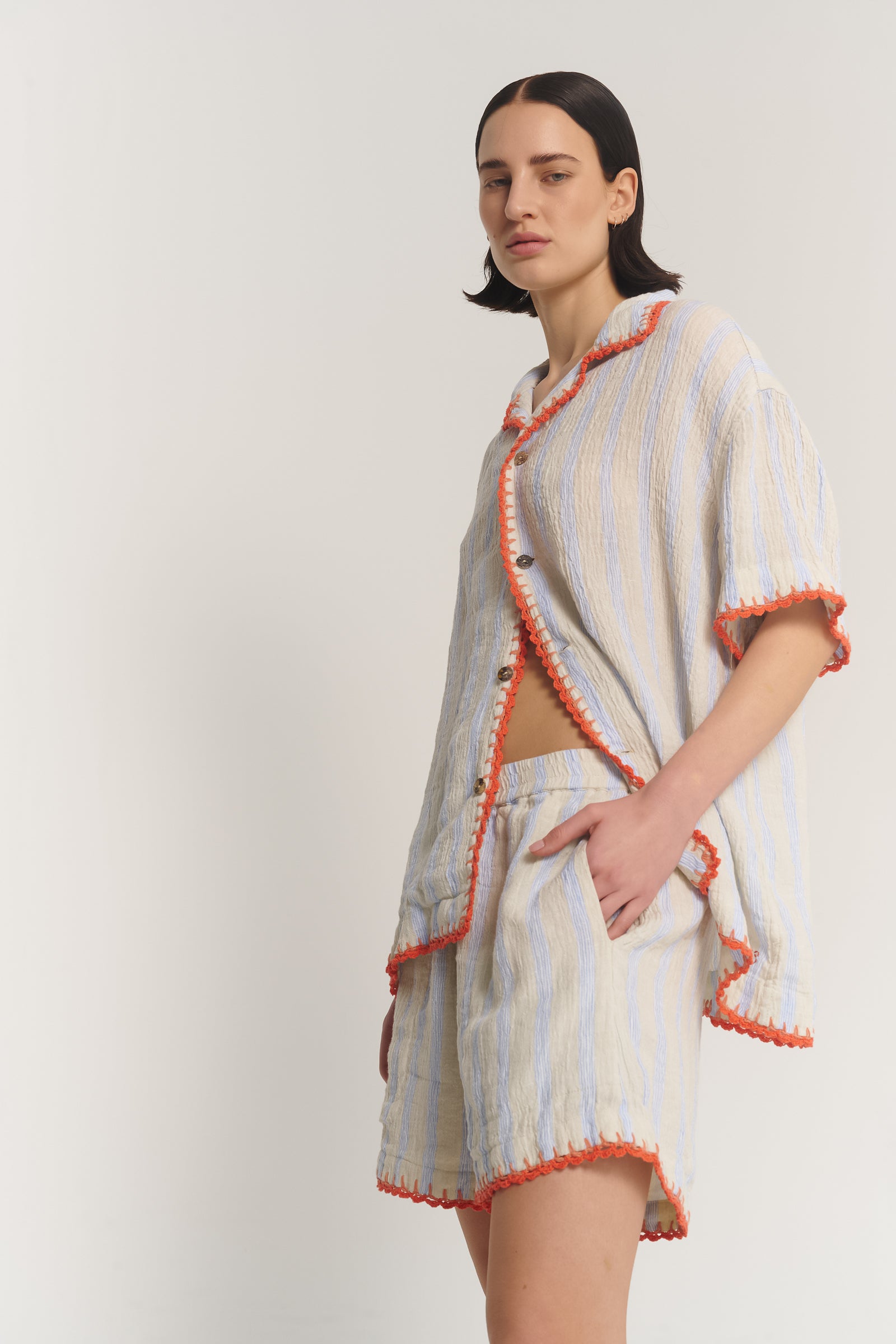 Hand Crochet Trimmed Stripe Linen Shirt