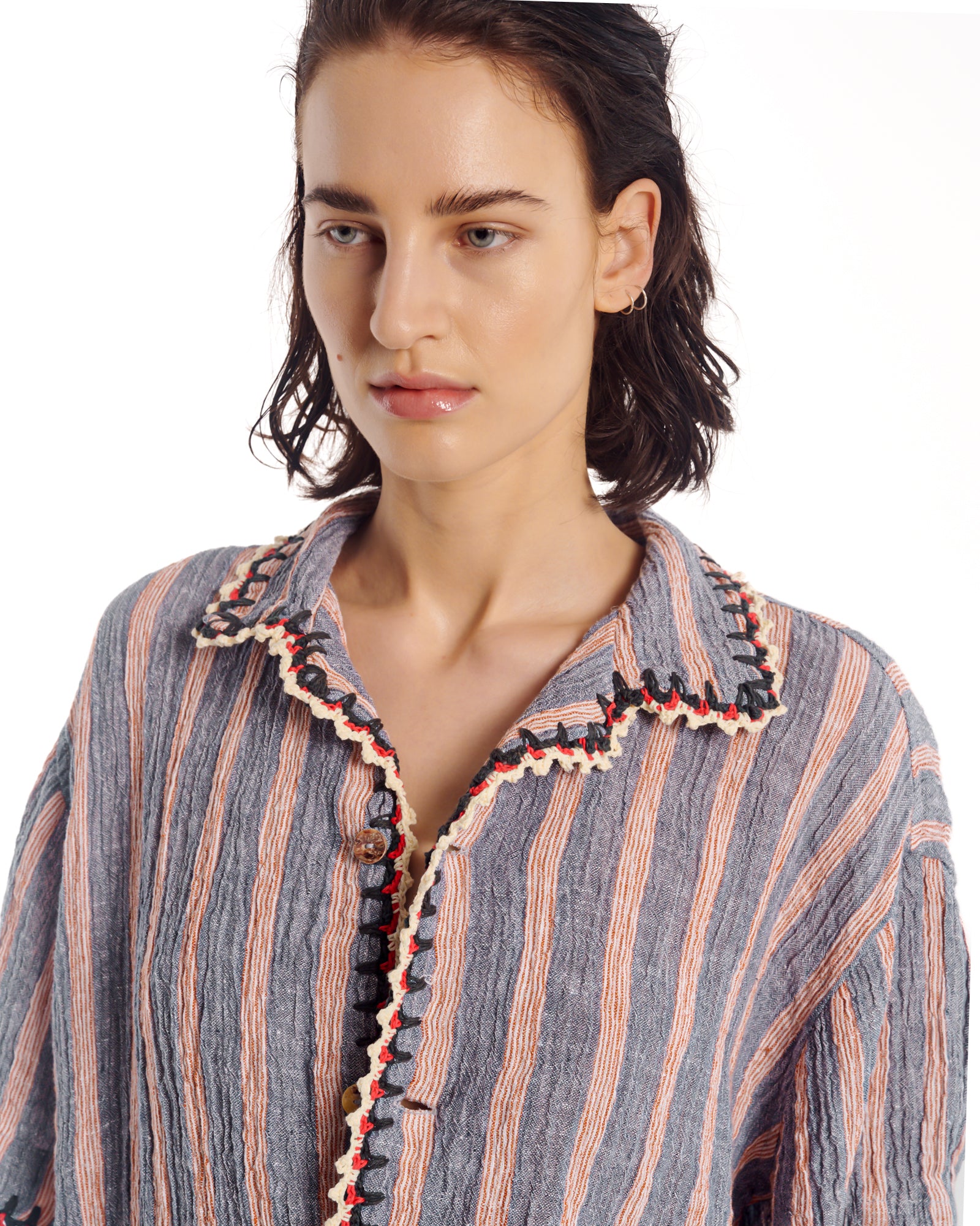 Hand Crochet Trimmed Stripe Linen Shirt