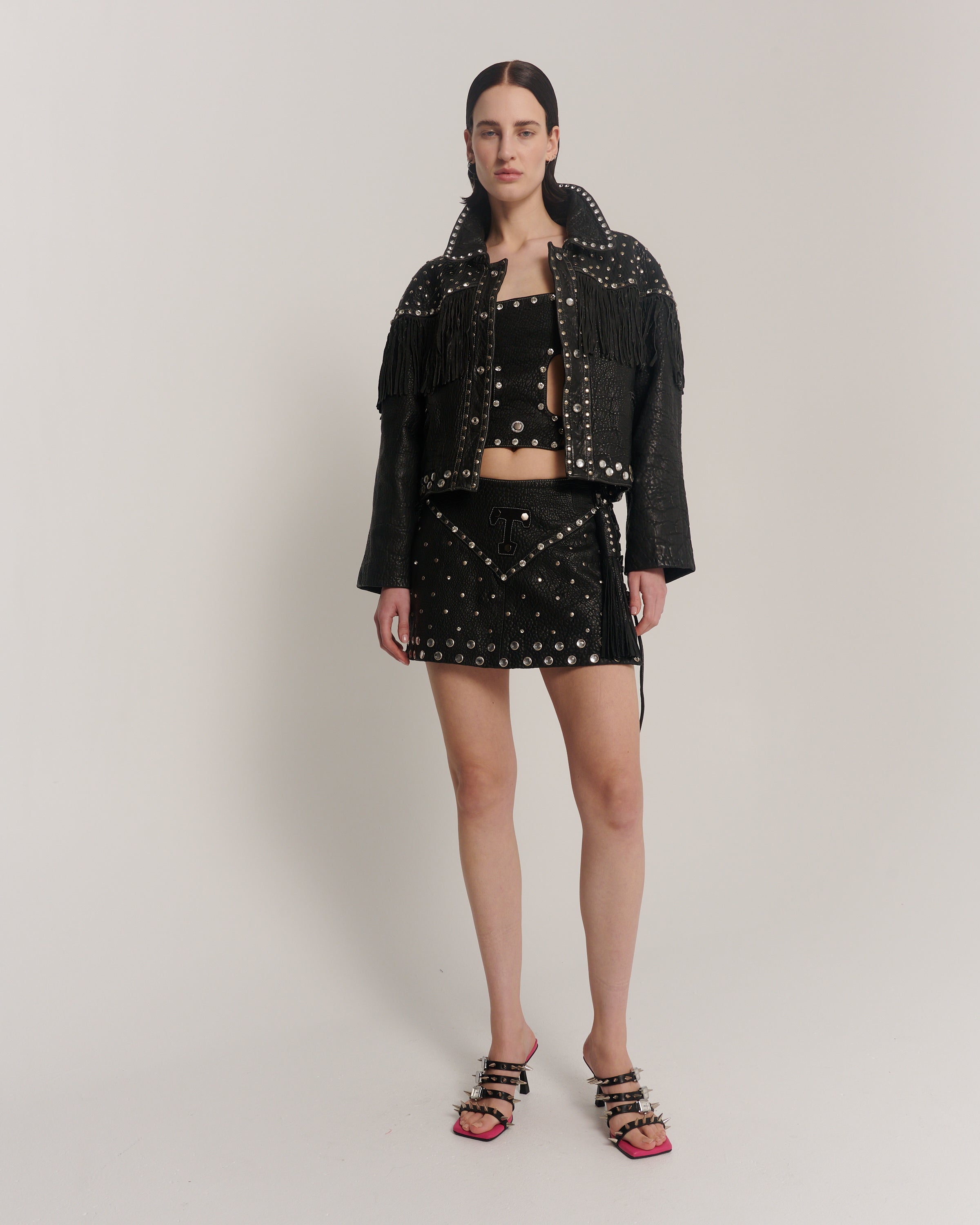 Heaven Sent Me Embellished Leather Whip Skirt