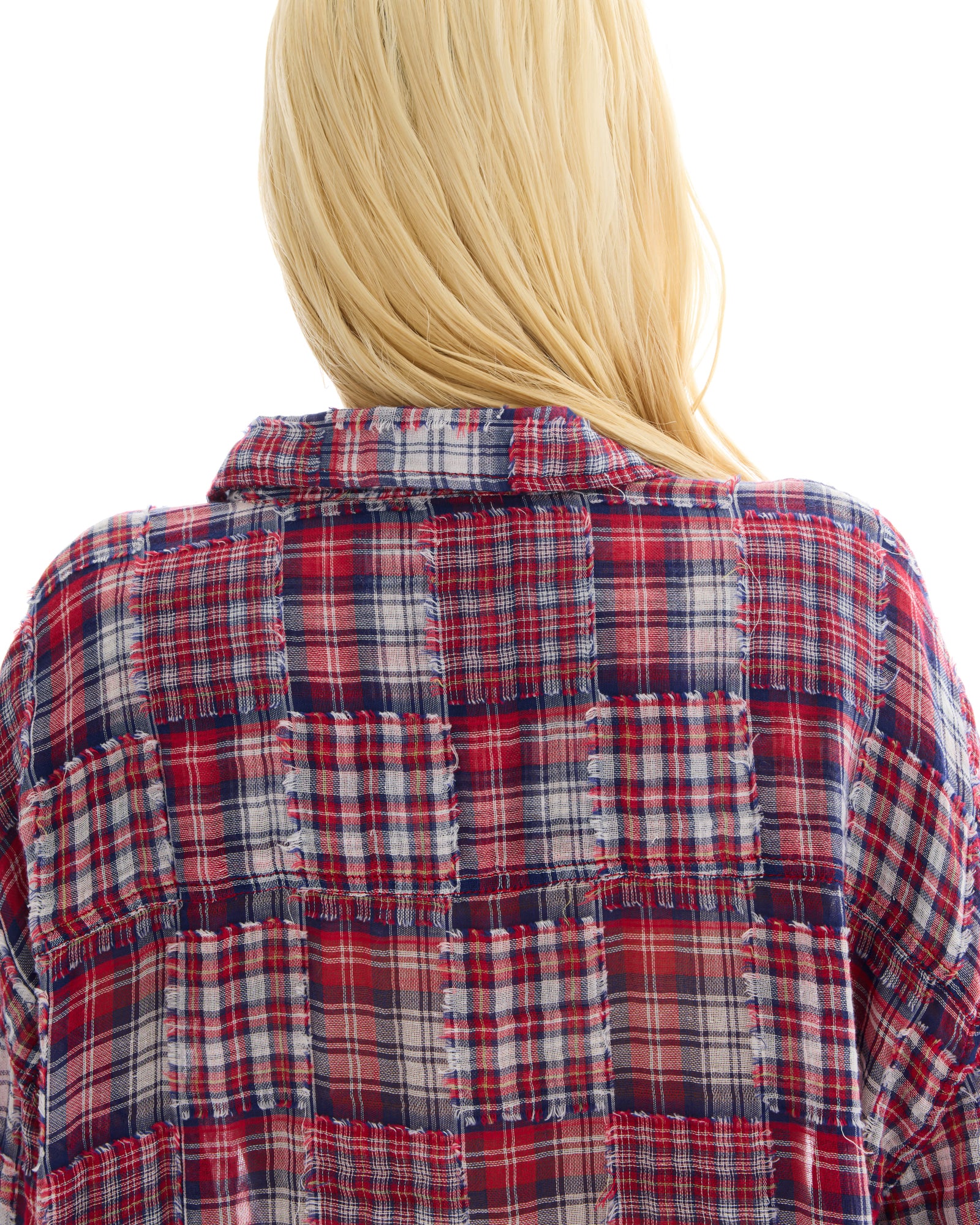 Red Frayed Patchwork Check Shirt