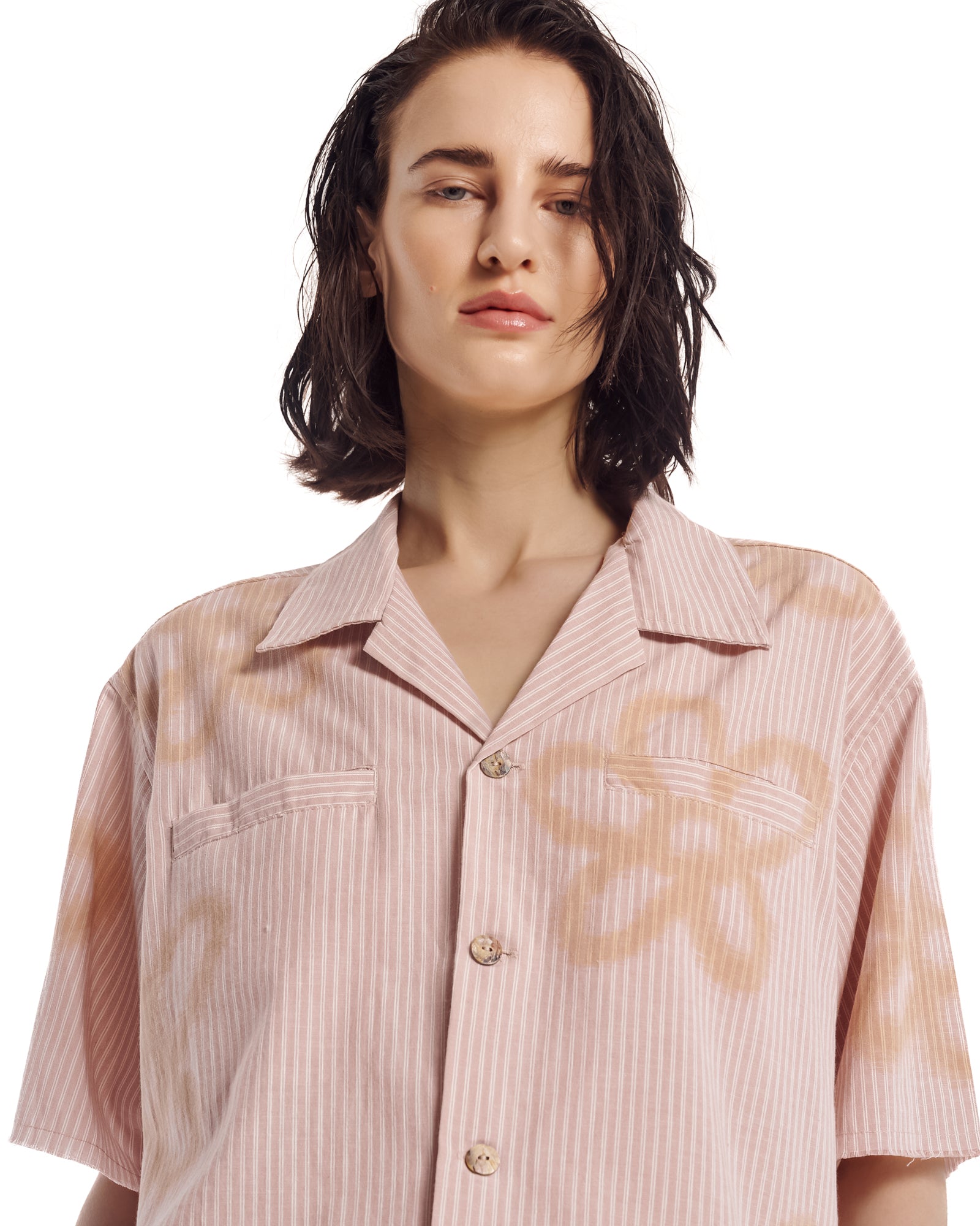 Hand Sprayed Flower Stripe Camp Shirt