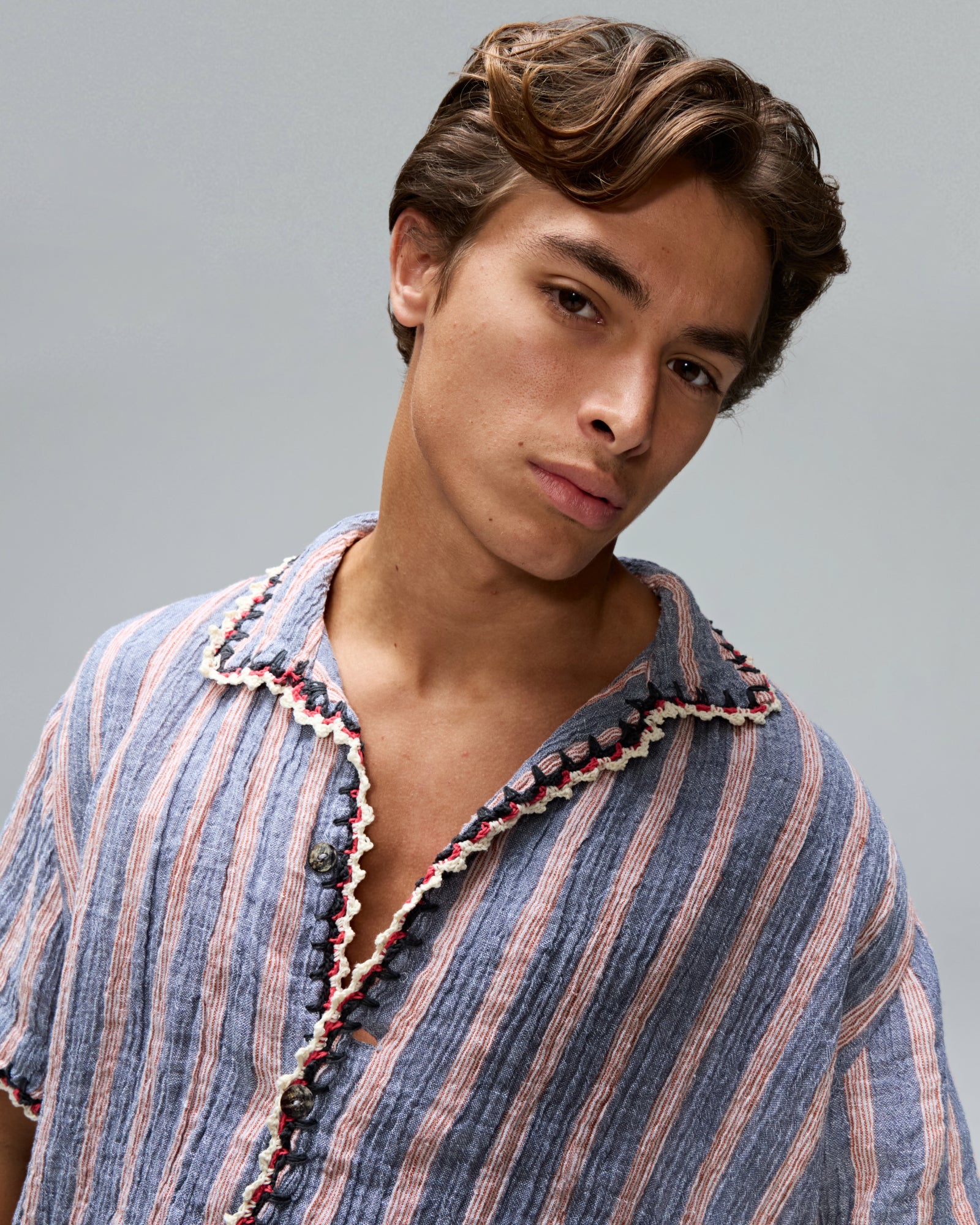 Hand Crochet Trimmed Stripe Linen Shirt