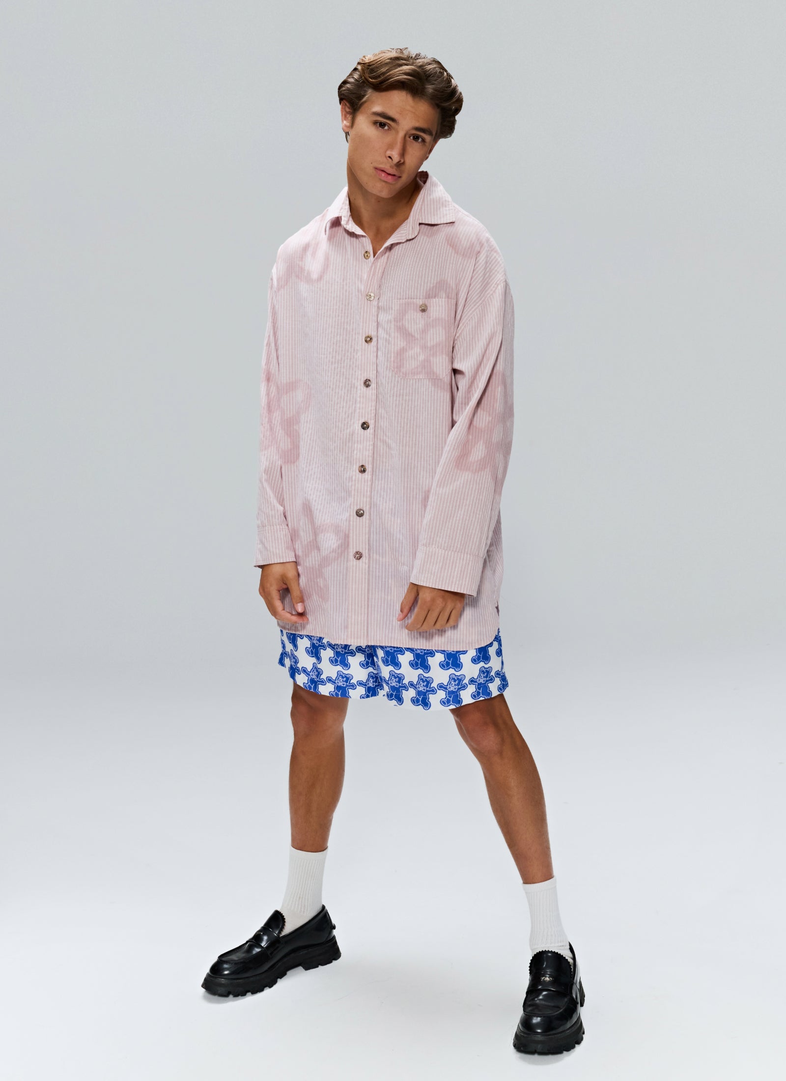 Hand Sprayed Flower Cotton Oversized Stripe Shirt