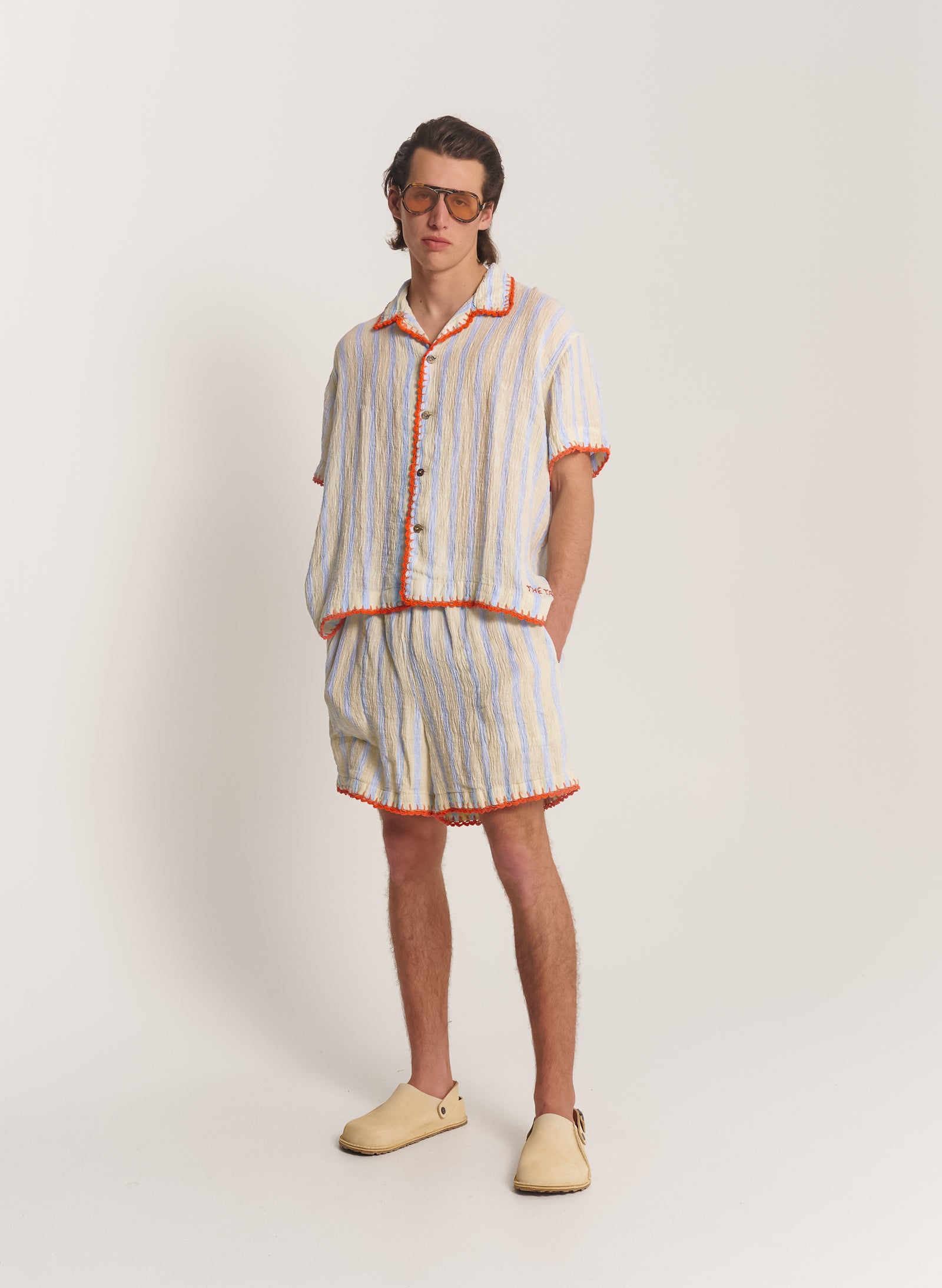 Hand Crochet Trimmed Stripe Linen Shorts