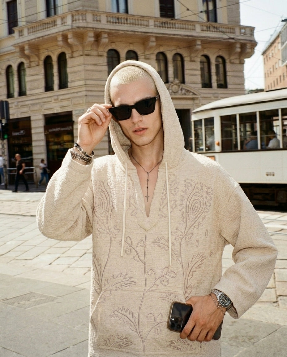 Textured Flower Embroidered Hooded Jacket