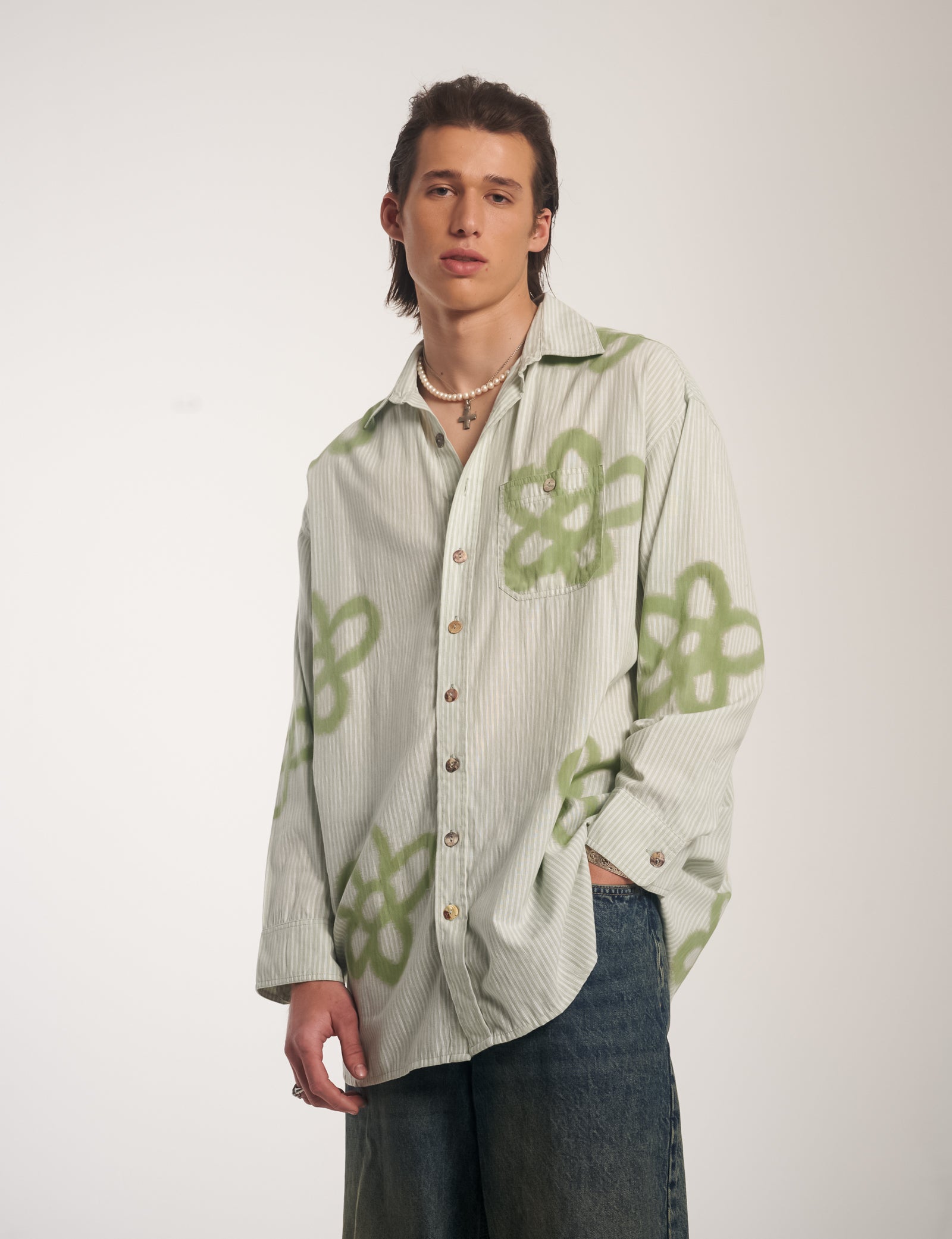 Hand Sprayed Flower Cotton Oversized Stripe Shirt