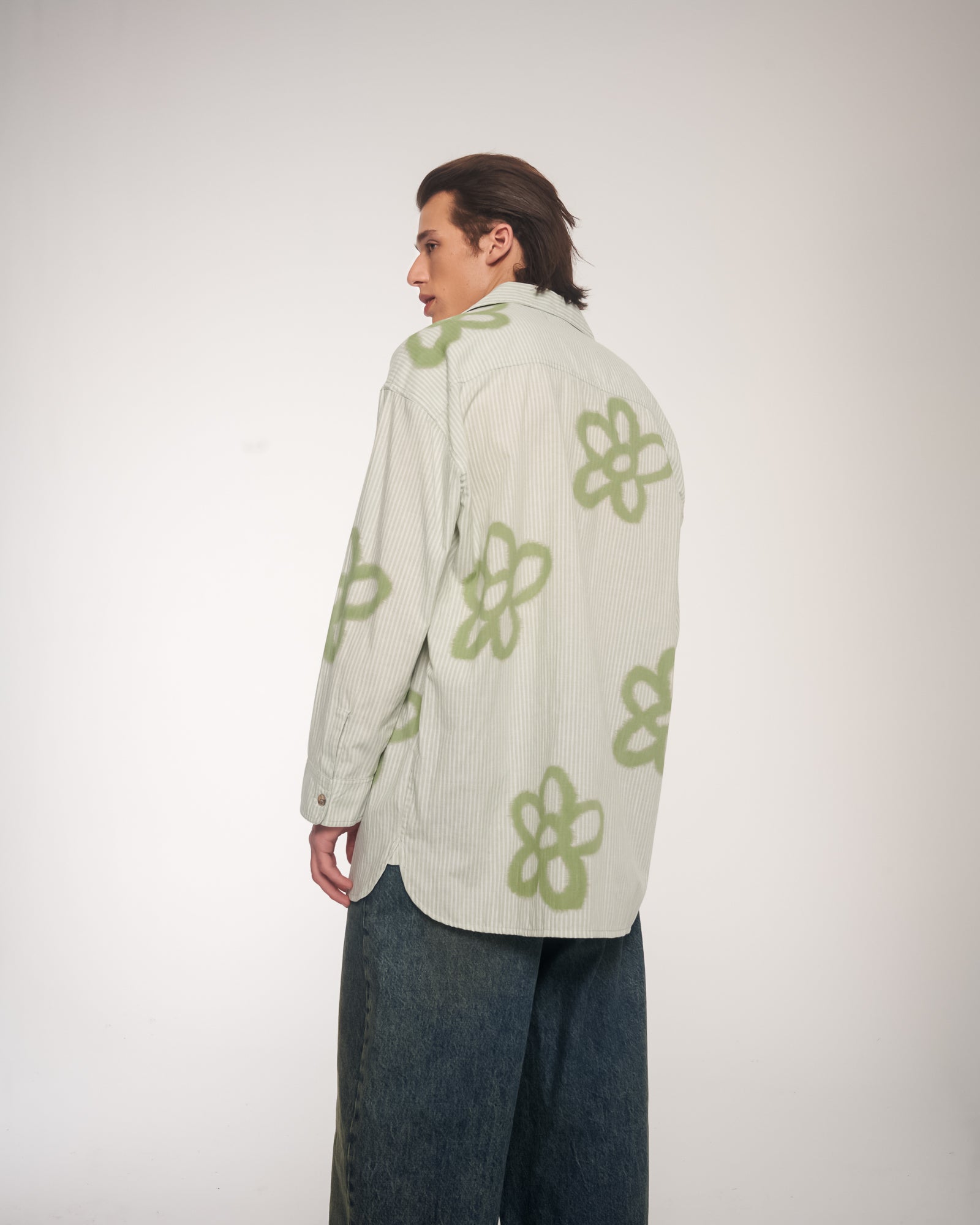 Hand Sprayed Flower Cotton Oversized Stripe Shirt