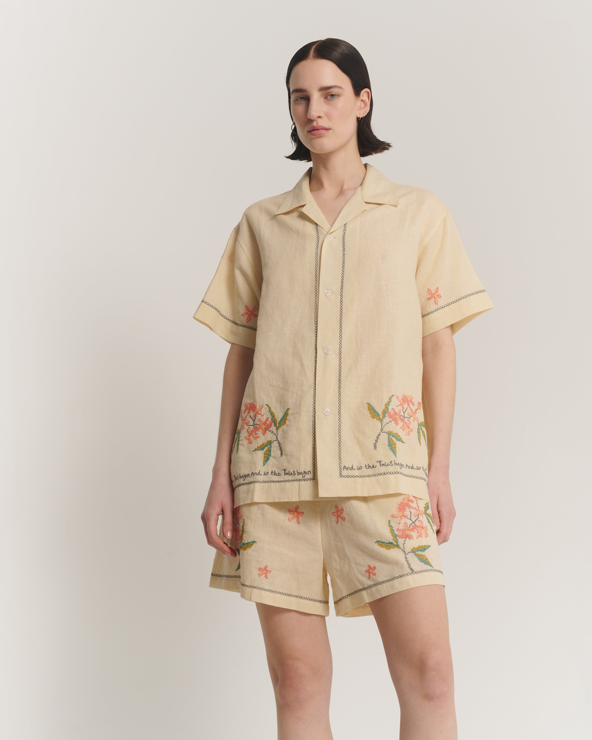 Cream Embroidered Flower Linen Shirt