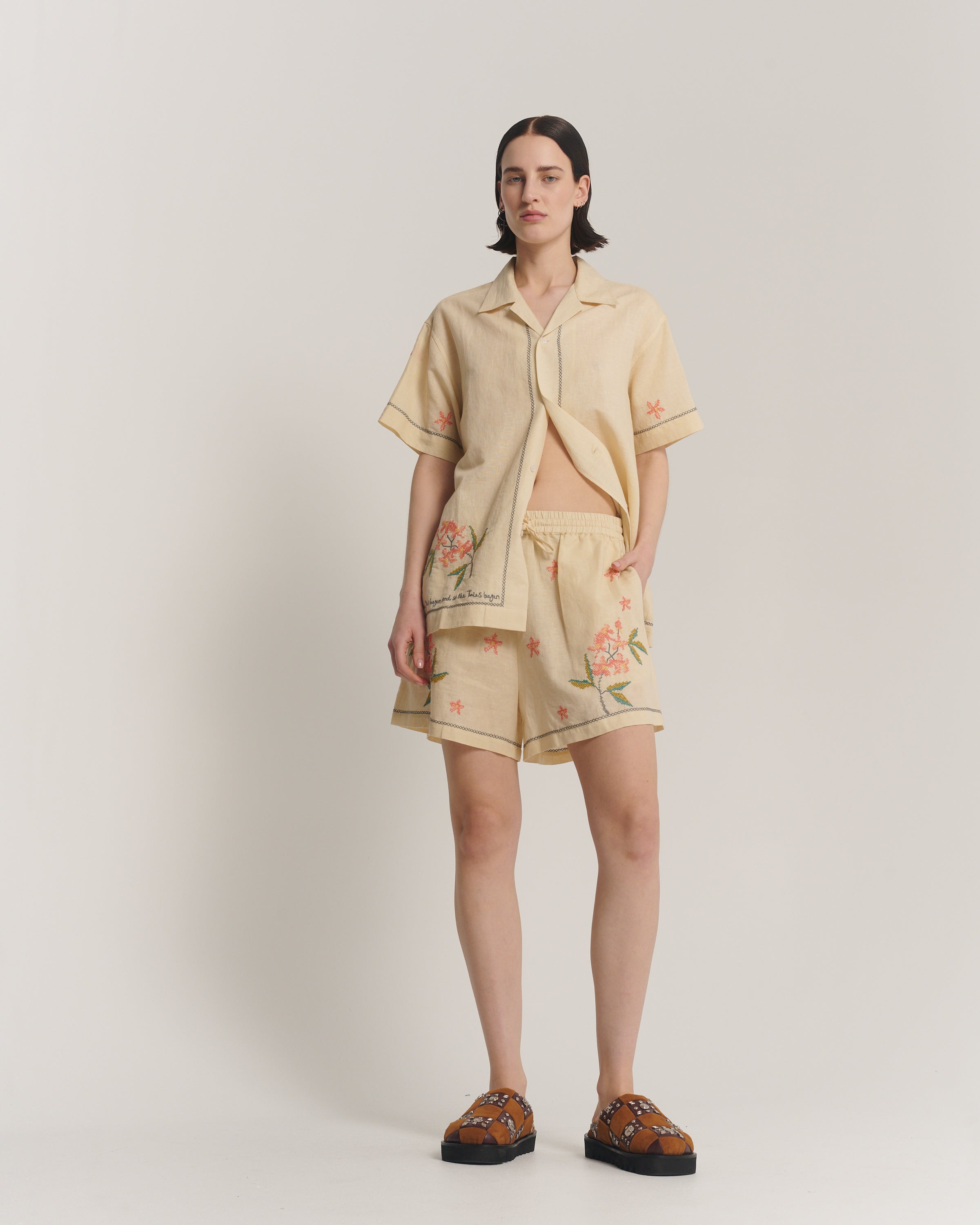 Cream Embroidered Flower Linen Shirt