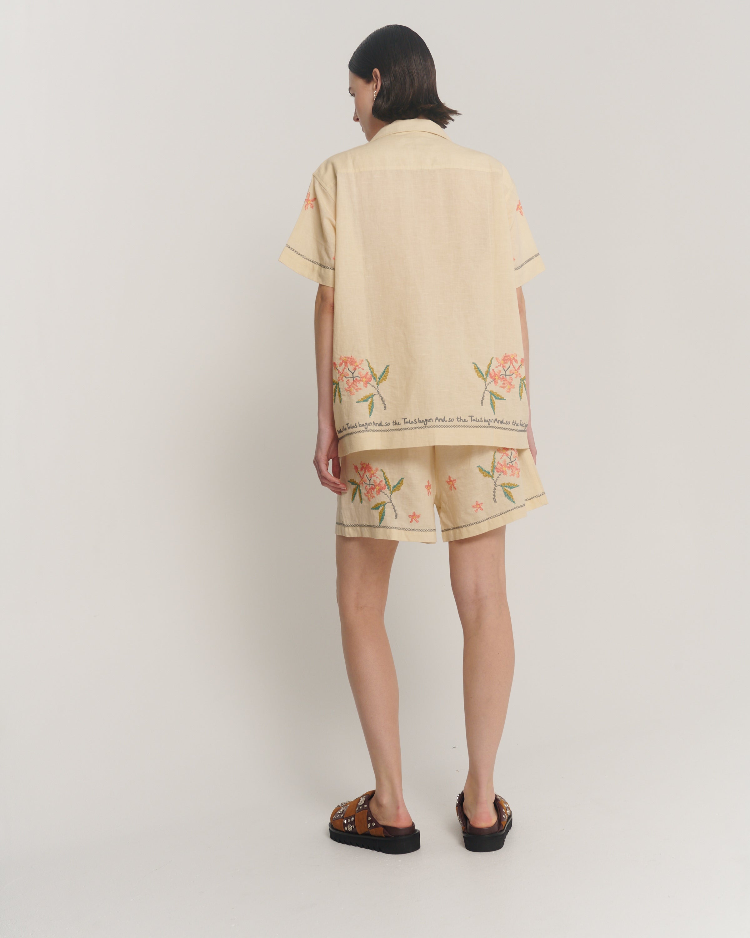 Cream Embroidered Flower Linen Shirt