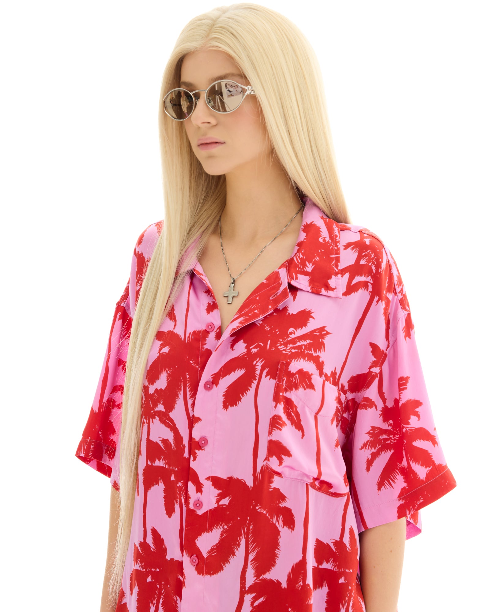 Pink Palm Oversized Silk Shirt
