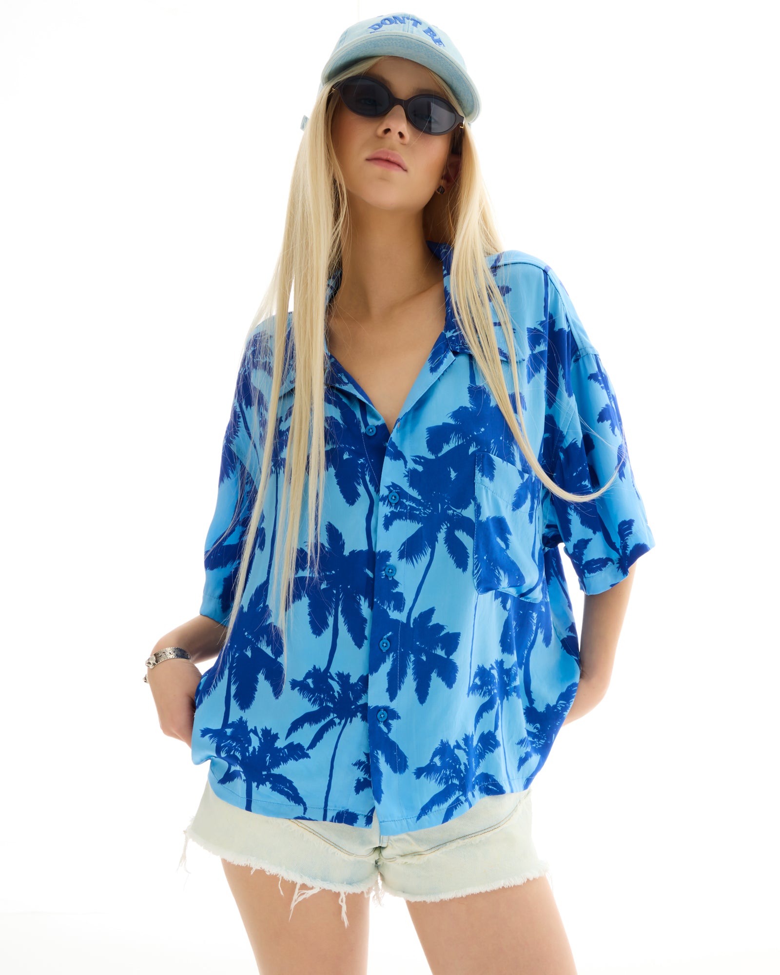 Blue Palm Oversized Silk Shirt
