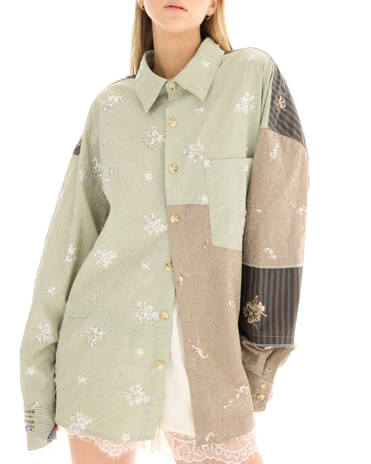 Embellished Stripe Patchwork Shirt THE TALES