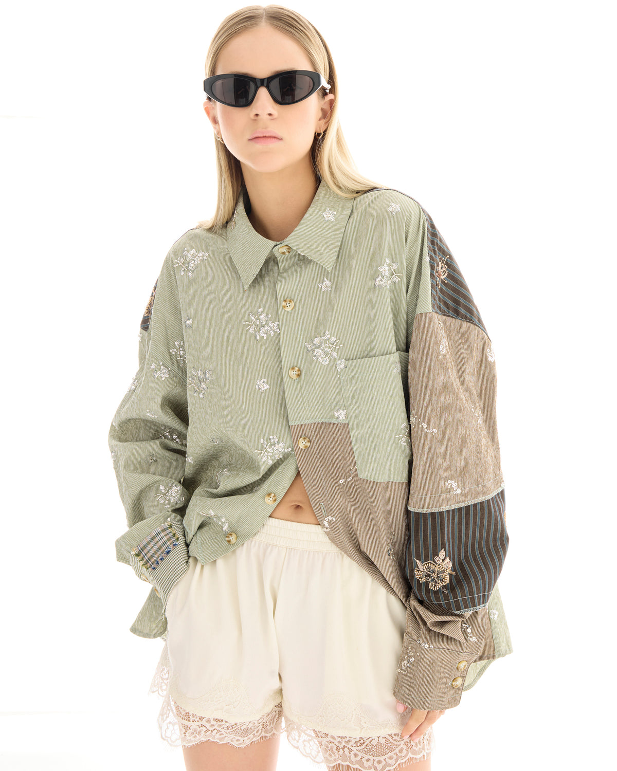 Embellished Stripe Patchwork Shirt THE TALES