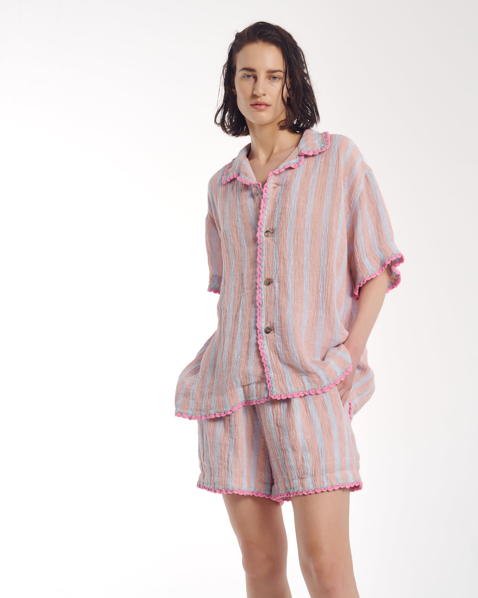 Hand Crochet Trimmed Stripe Linen Shirt