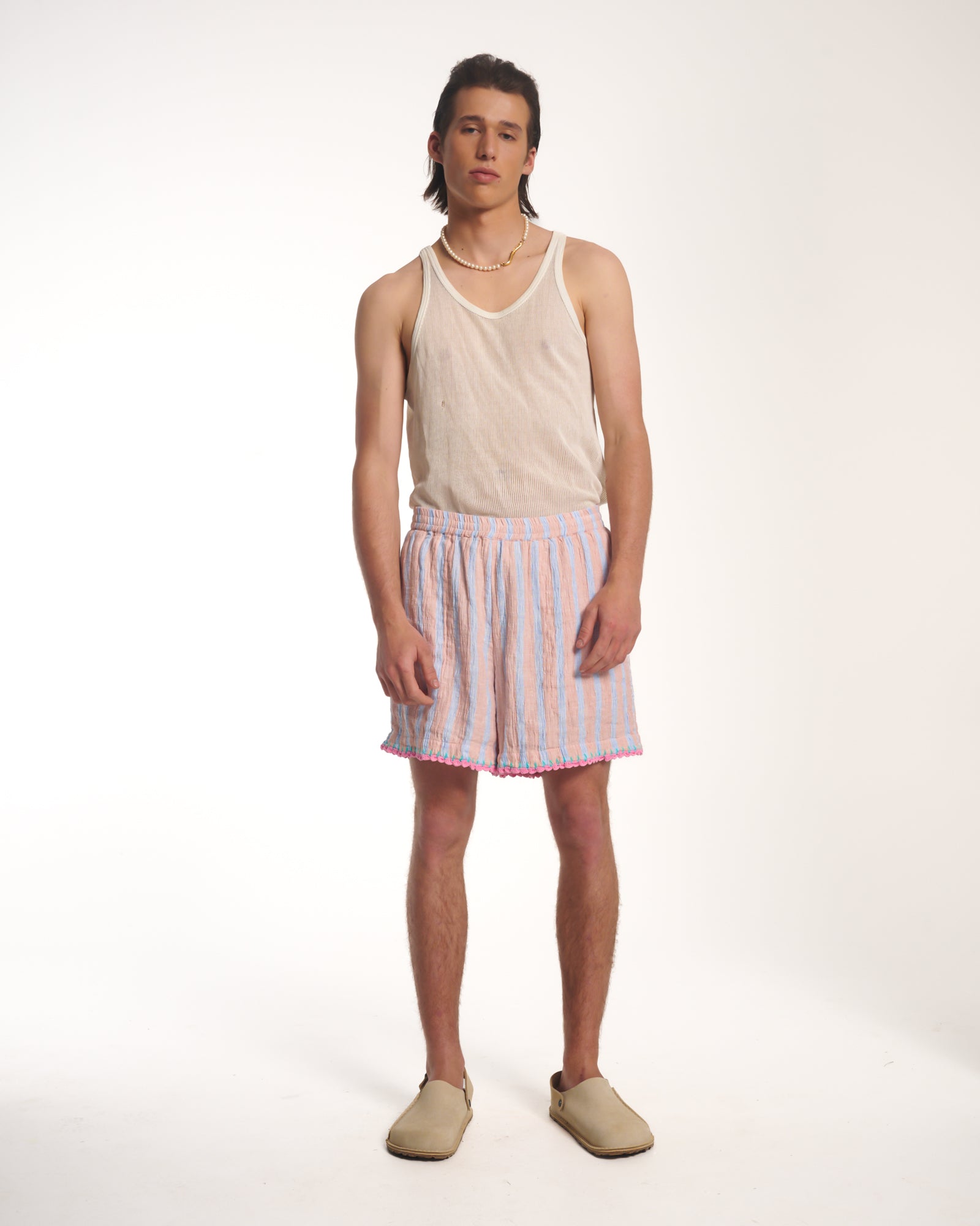 Hand Crochet Trimmed Stripe Linen Shorts