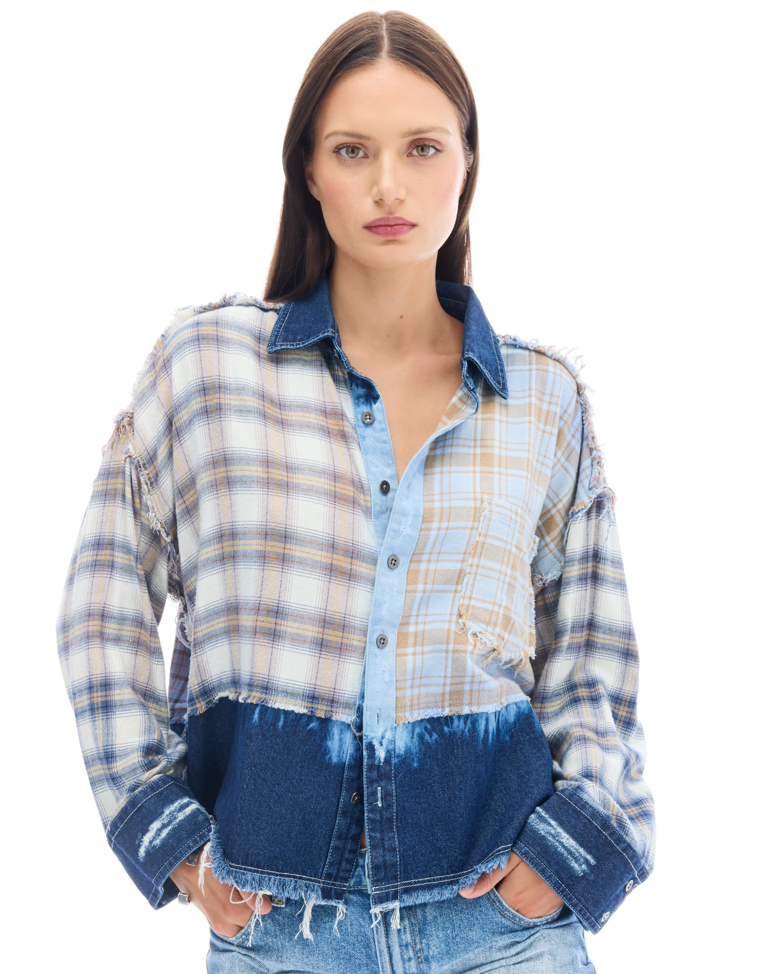 Mixed Flannel And Denim Shirt